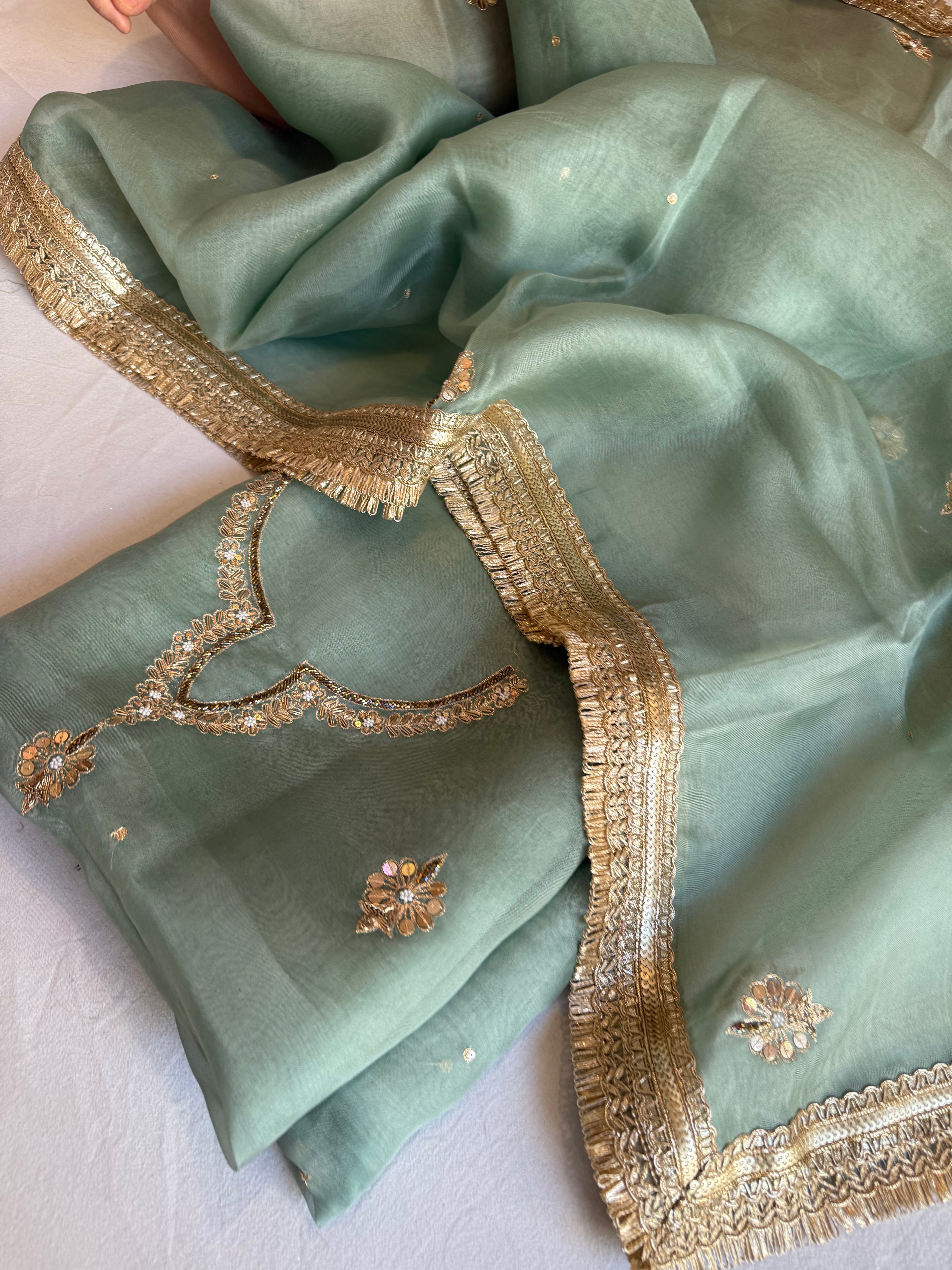 Aari and tilli hand embroidered kora silk teal green kadhwa suit set