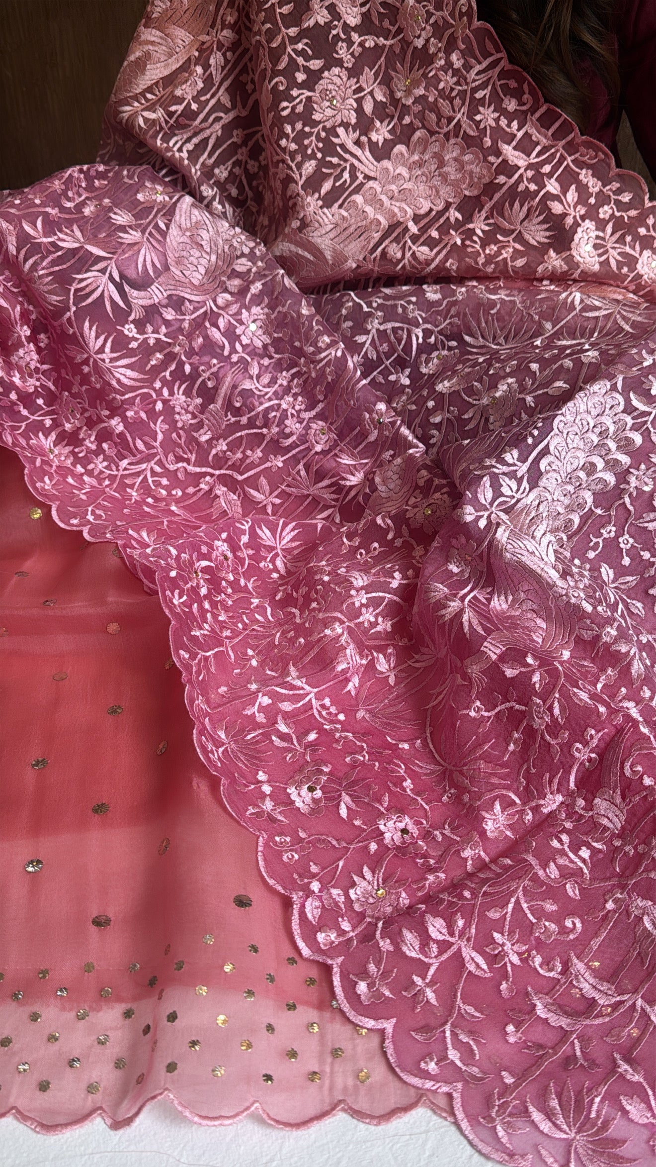 Shades of pink peach - Parsi gara kora silk resham and mukaish work hand embroidered suits