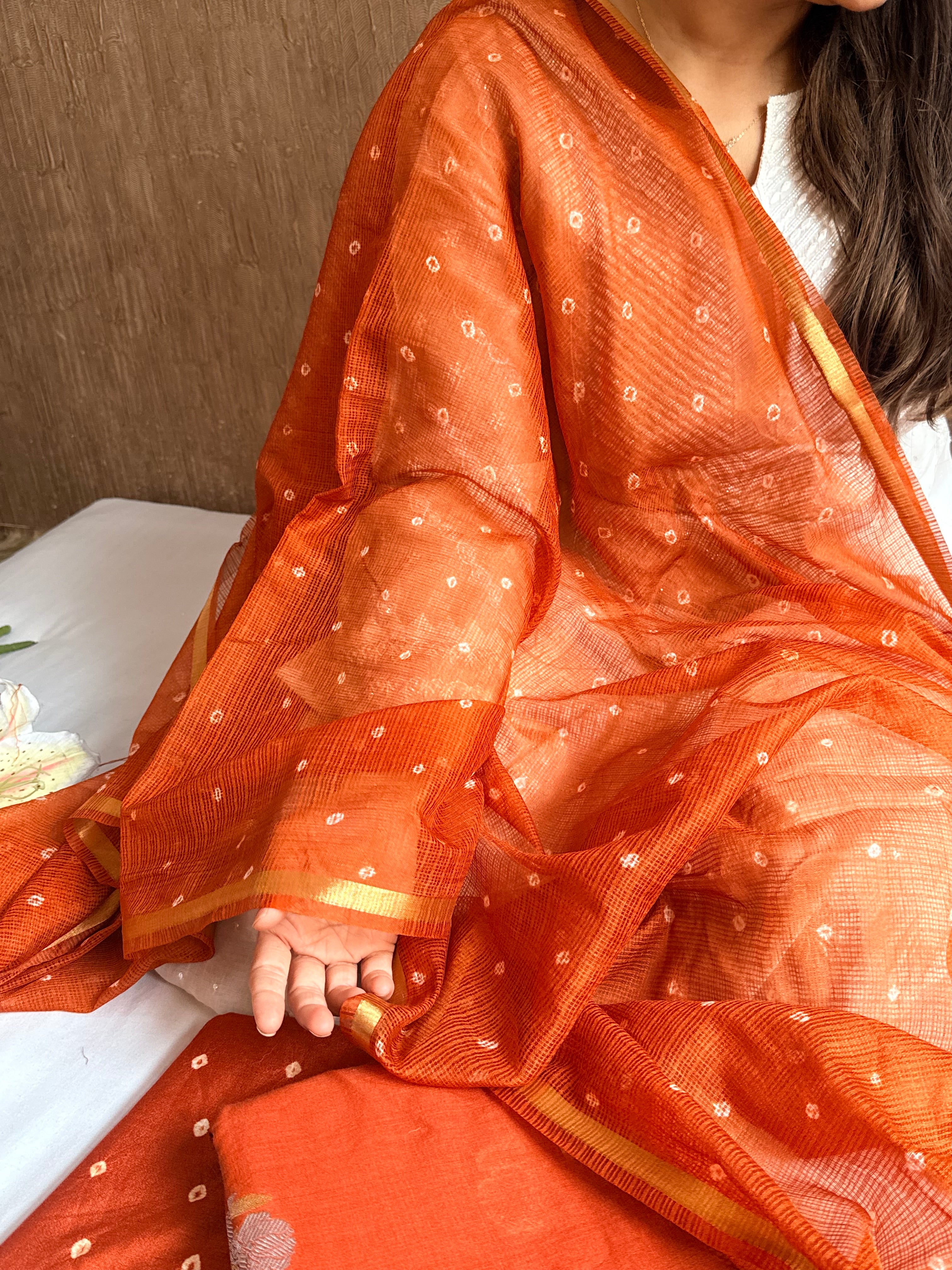 Below 8k- Mul cotton handloom kurta paired with bandhej dyed kota silk duppata set