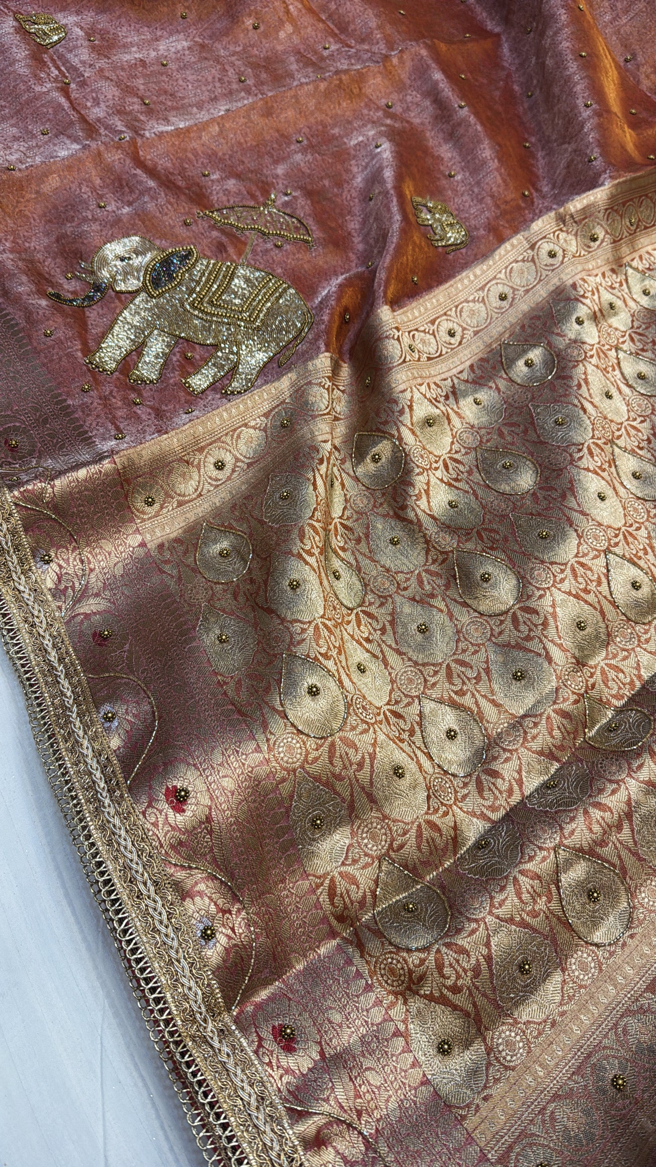 Wedding edit - Husn fanta orange tissue silk elephant motif hand embroidered saree