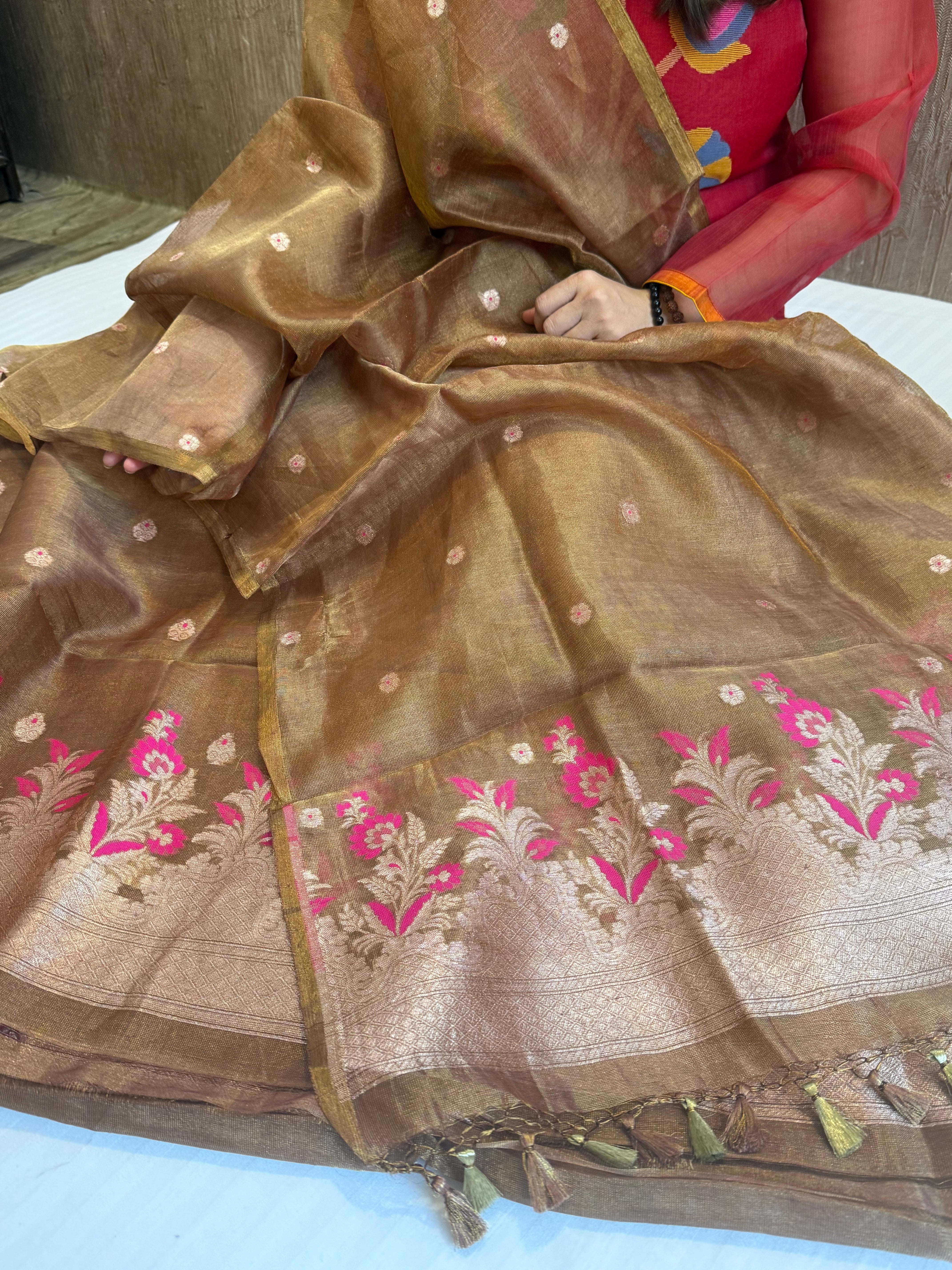 Linen tissue rose brown kadhwa meenakari buti suit sets