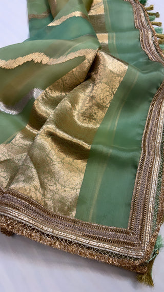 Sea green rangkaat leela kora silk jungla saree