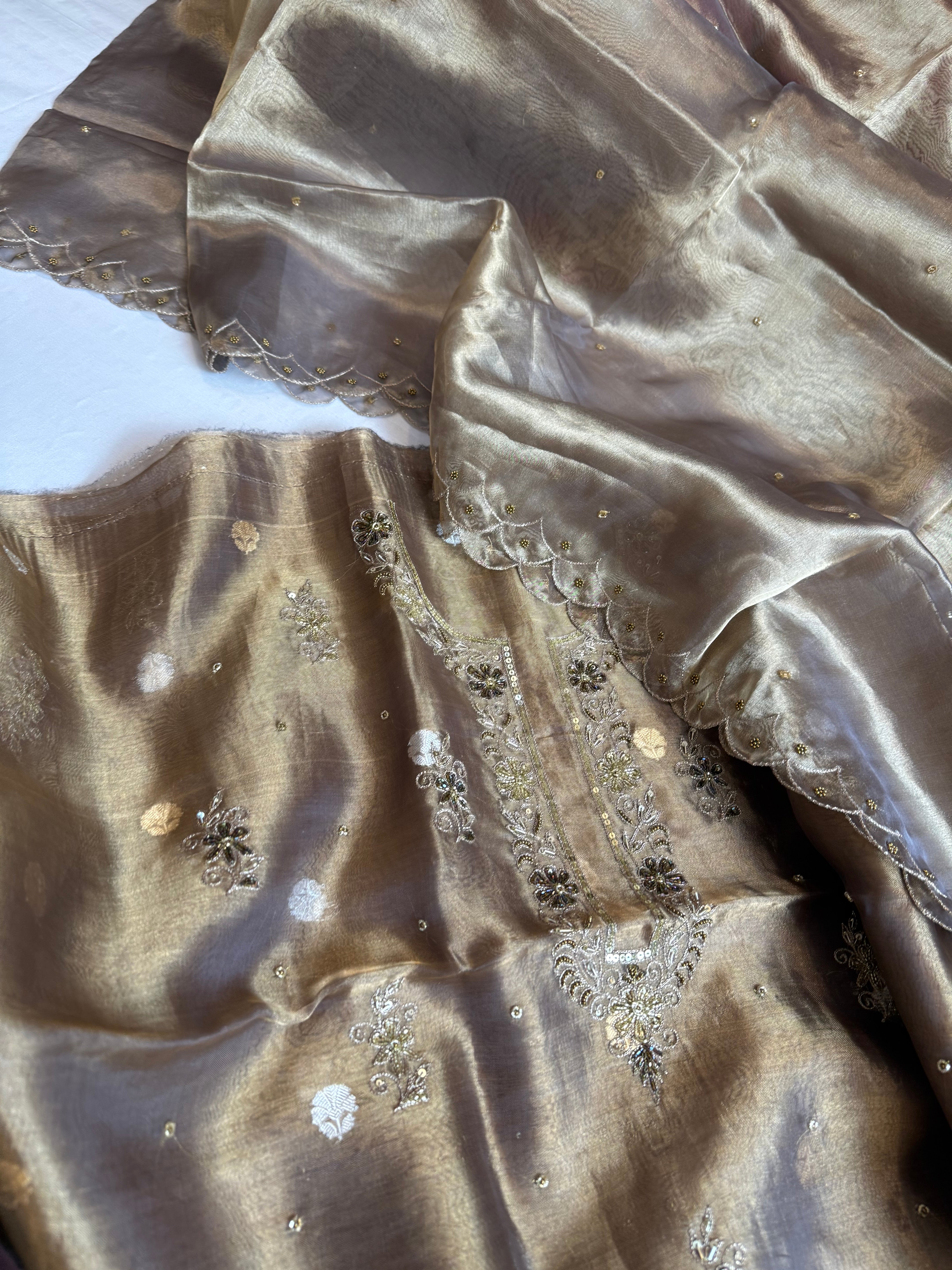 Maharani tissue silk hand embroidered kadhwa suit set