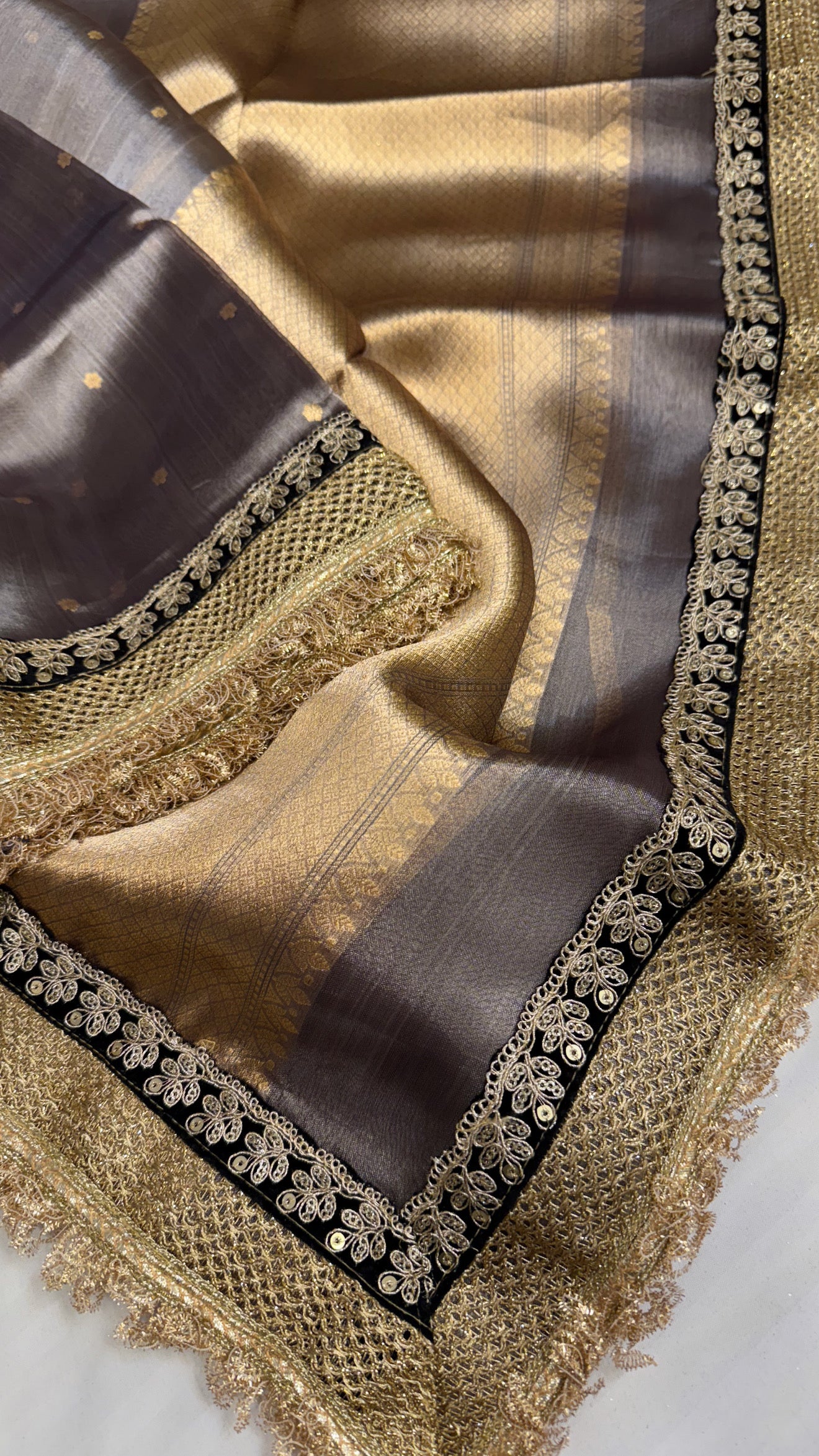 Maharani steel grey tissue silk kadhwa buti saree