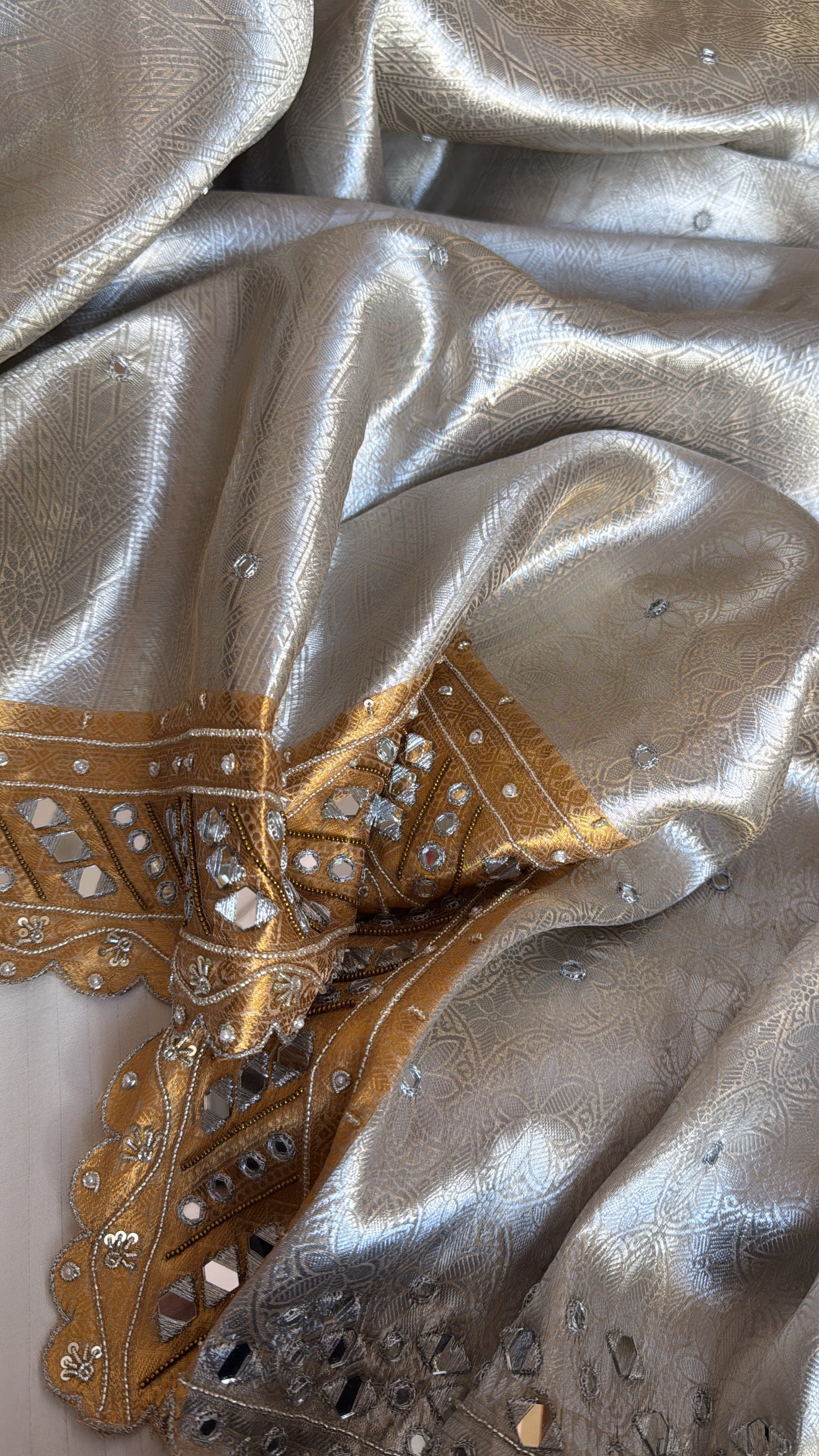 Kanjivaram inspired banarasi sona rupa weaving heavy zardozi and mirror work hand embroidered tissue saree