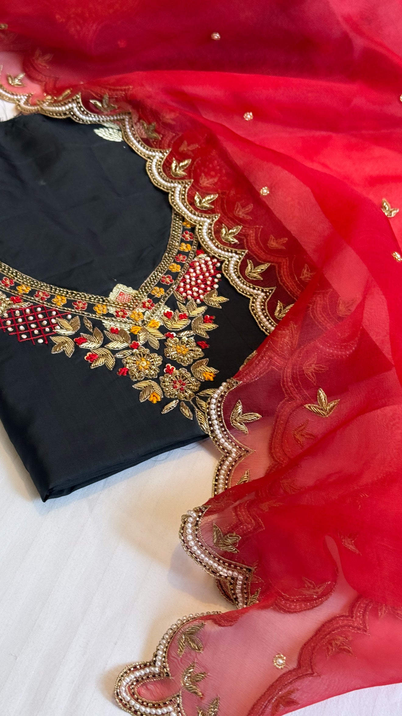 Blood red - black shade katan silk hand embroidered kurta paired with kora silk zardozi duppata