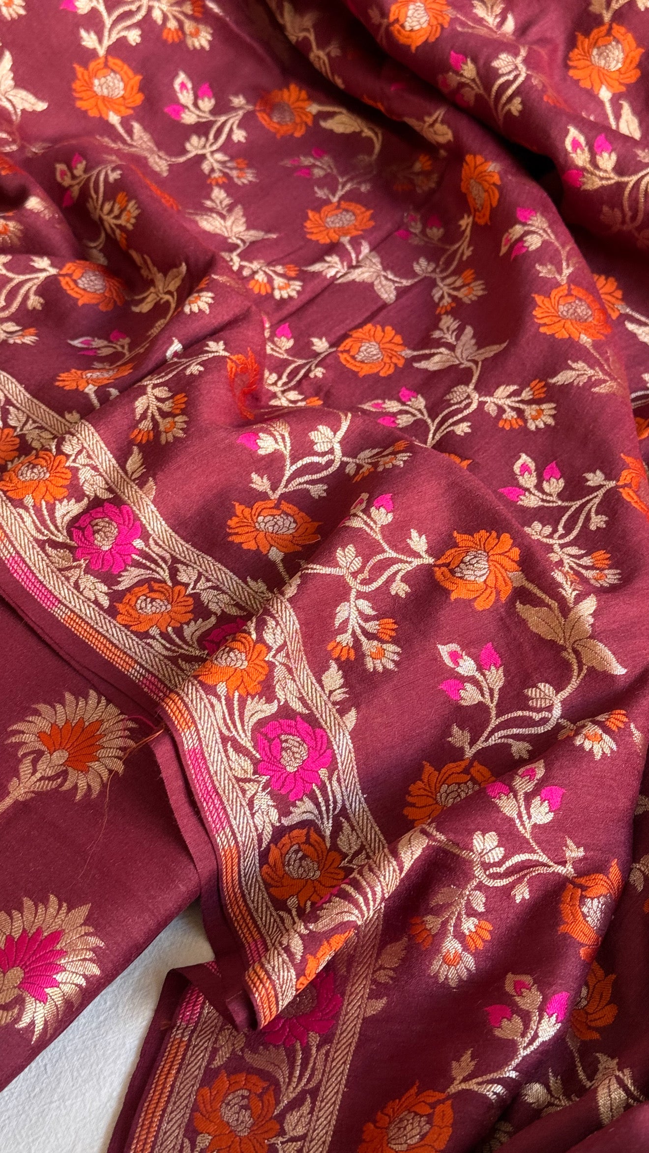 Moonga silk maroonish red meenakari kadhwa jaal suit set