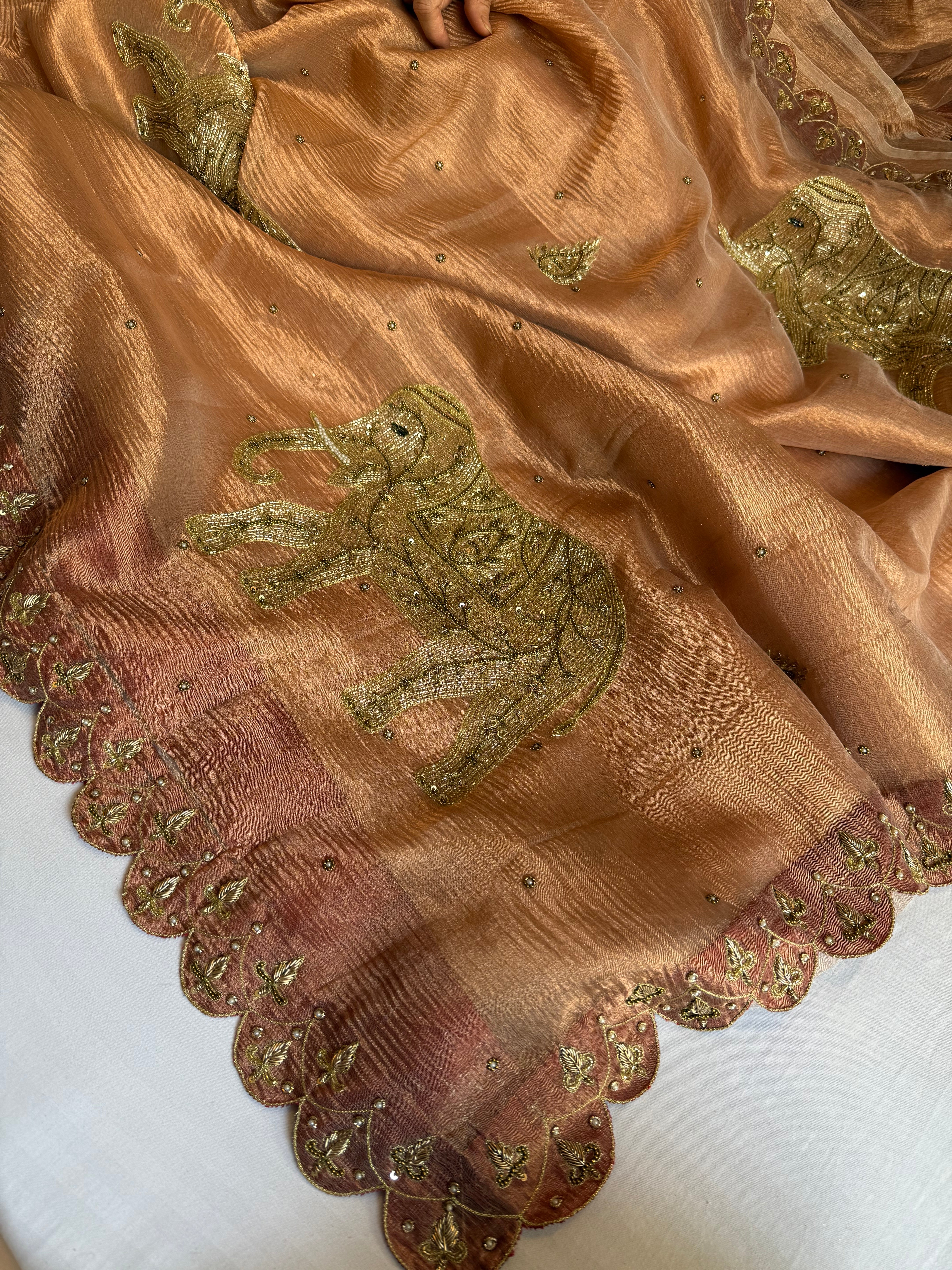 GajGamini copper crushed tissue silk elephant motif meenekari heavy hand embroidered saree