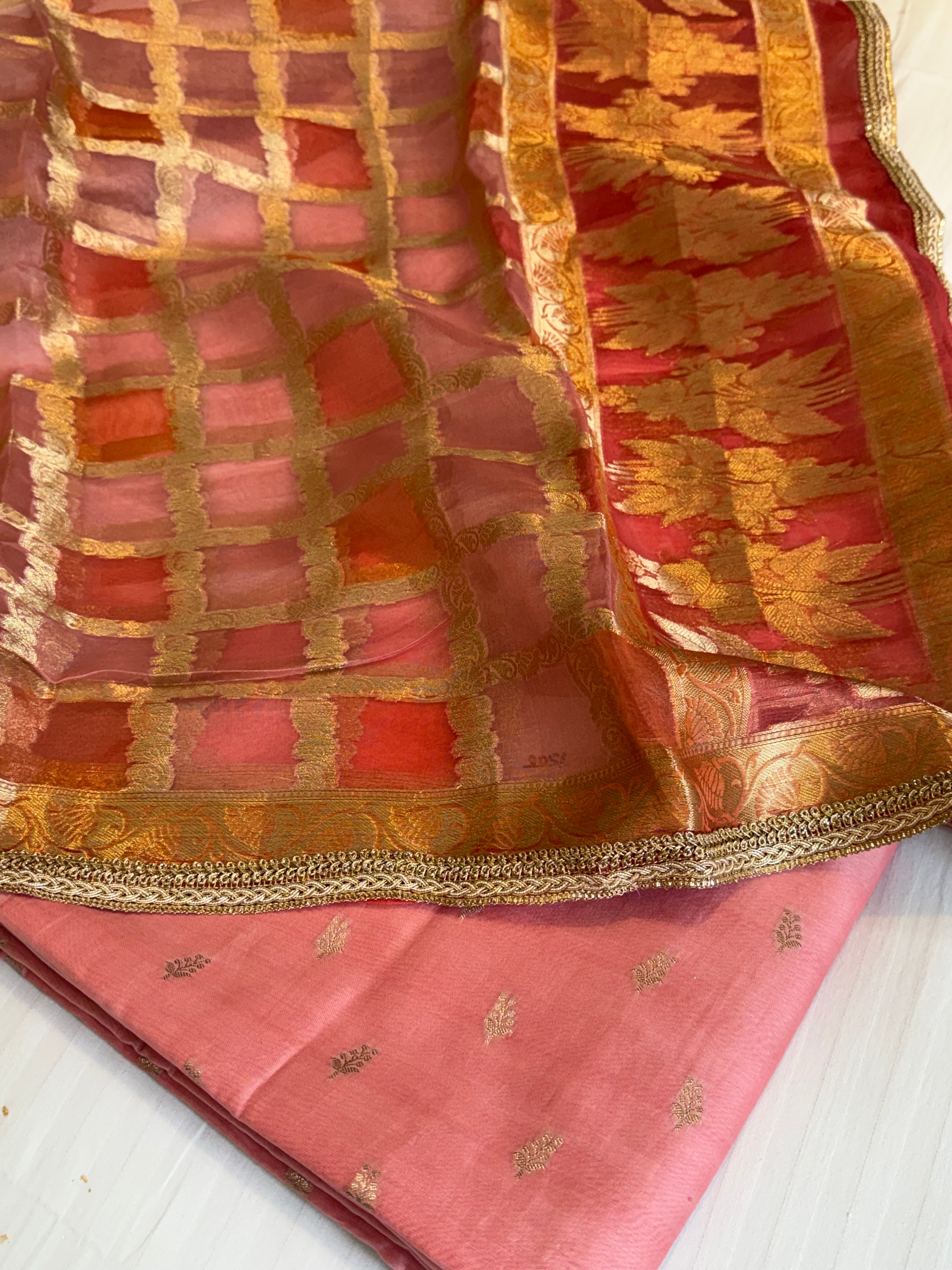 Shades of peach - Kora silk rangkaat kadhwa duppata paired silk kurta set