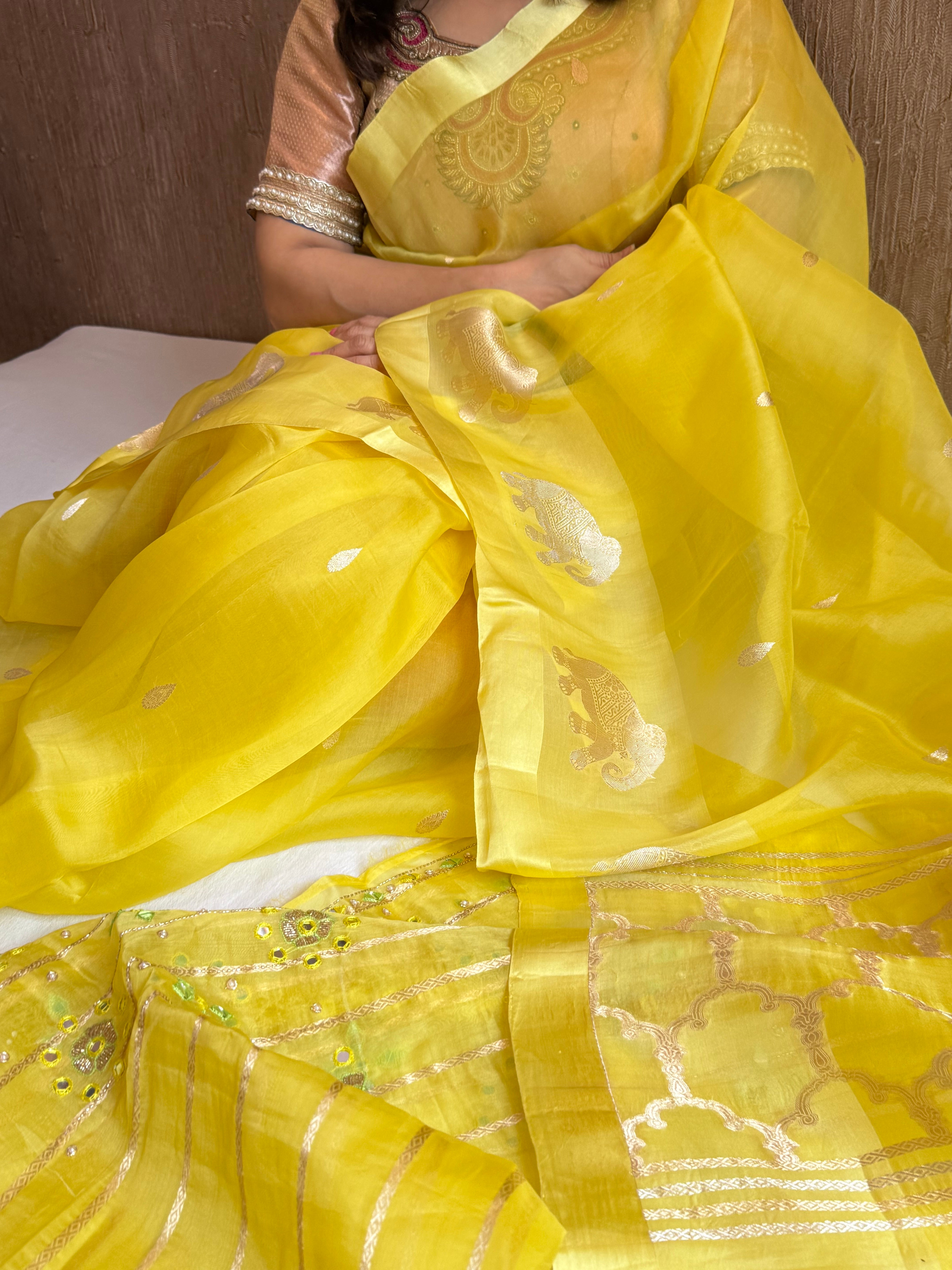 Lemon yellow banarasi kora silk hand embroidered saree