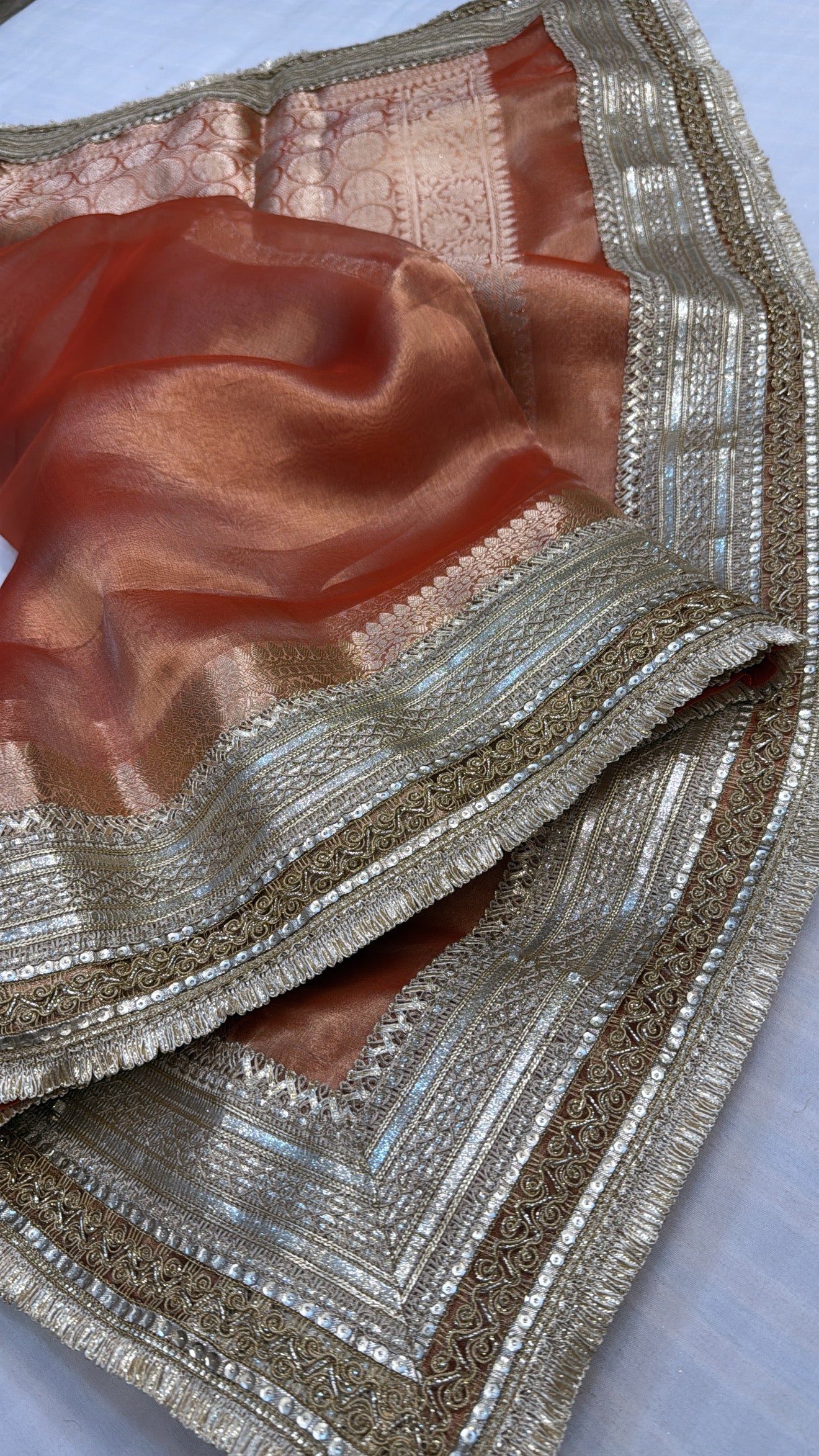 Maharani tomato red tissue silk kadhwa gotapatti saree