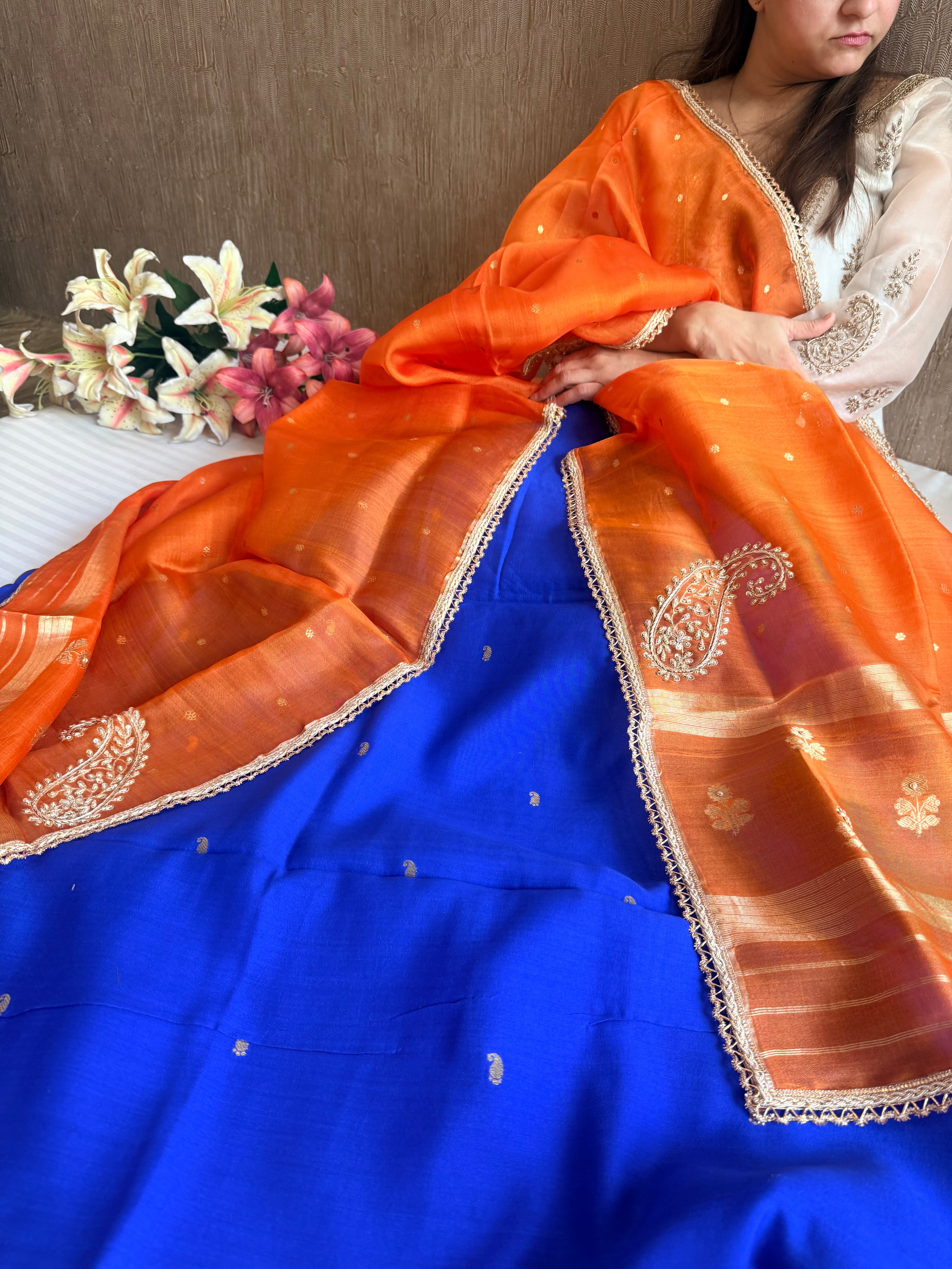Ink blue - fanta orange chiniya silk kadhwa buta kurta paired with kora silk red duppata