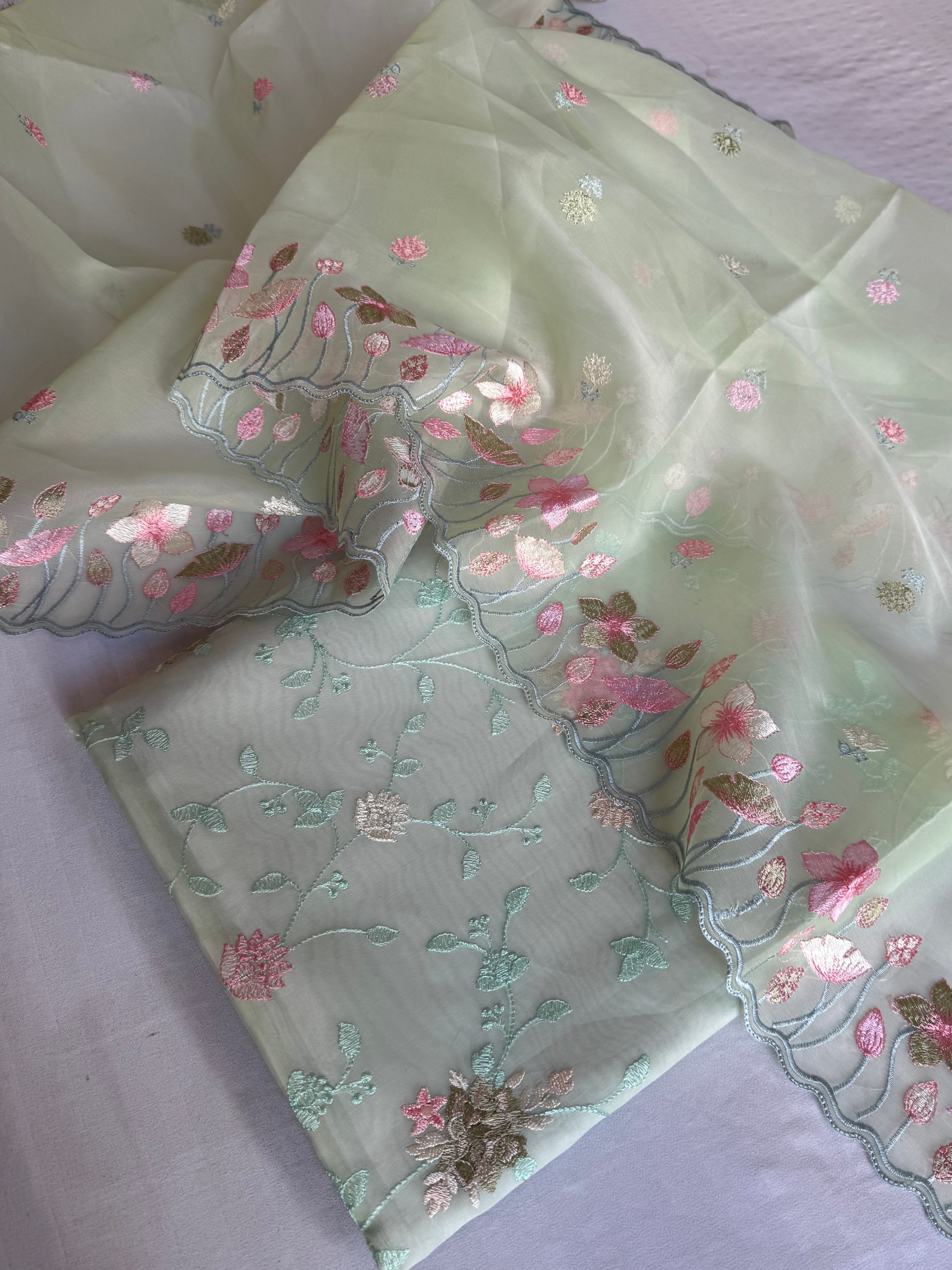 Mint green banarasi kora silk Parsi gara hand embroidered kadhwa suit set