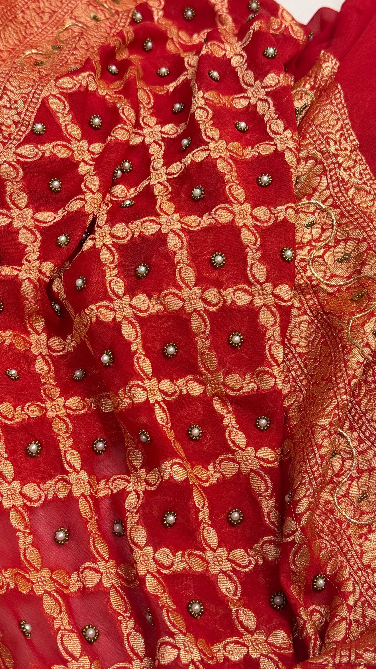 Red-rani hand embroidered ombre shaded chiffon gorgette kadhwa saree