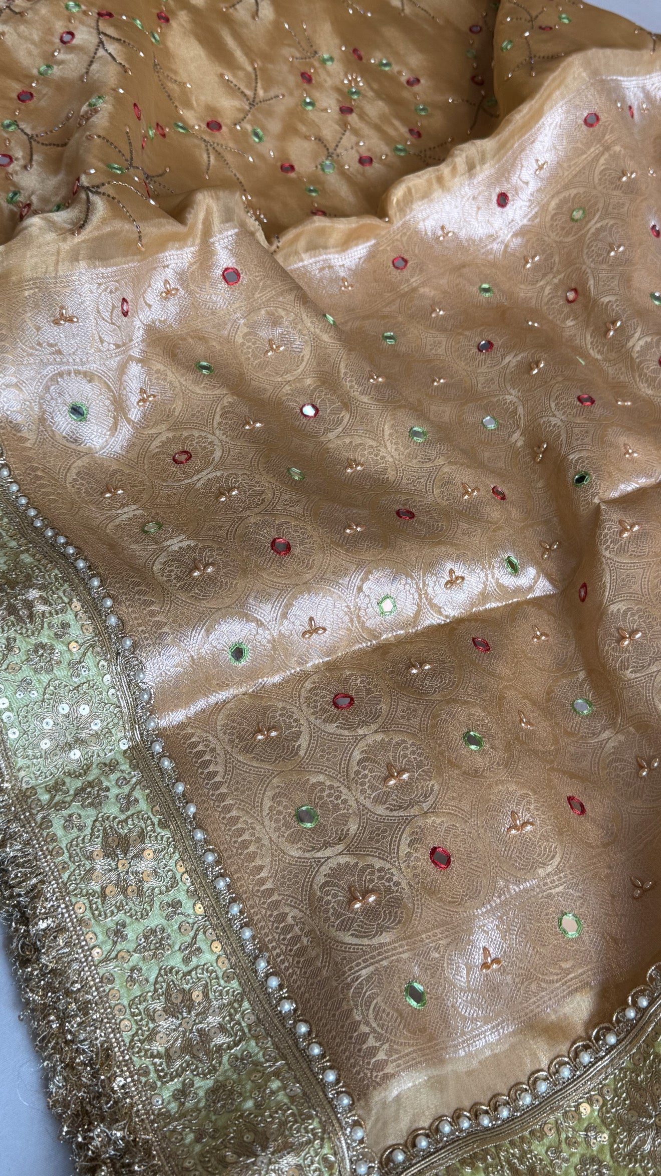 Sheesham edit - Heavy double tissue silk mirror work hand embroidered saree