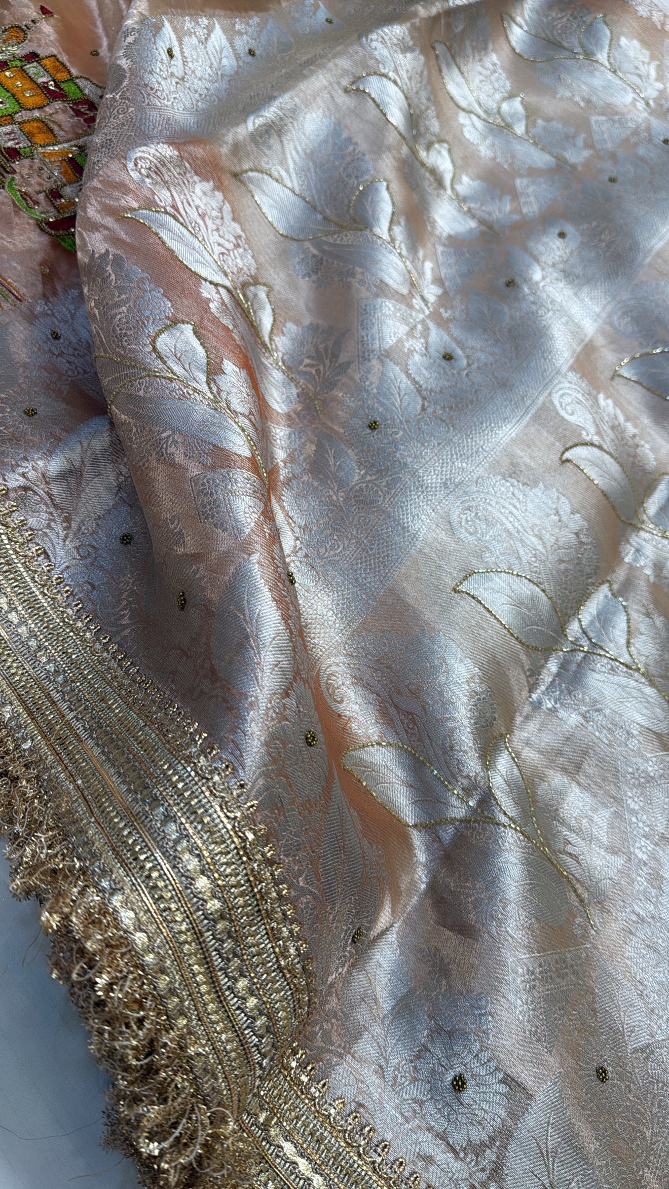 Wedding edit - Husn Chuski orange banarasi ghat motif tissue silk hand embroidered saree