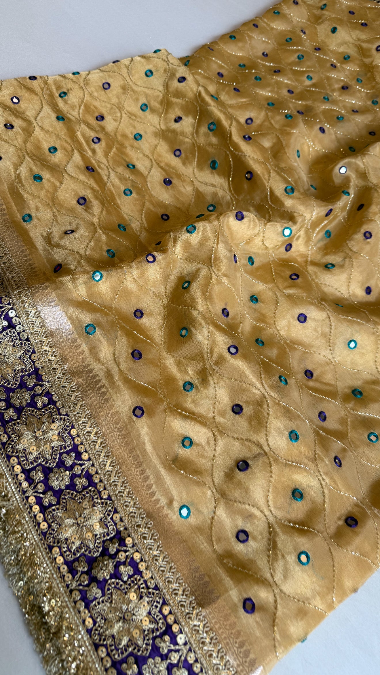Sheesham edit - Heavy double tissue silk mirror work hand embroidered saree