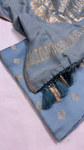 Pure Banarasi ice blue moonga silk kadhwa suit set paired with moonga silk shaded kadhwa duppata and bottom set