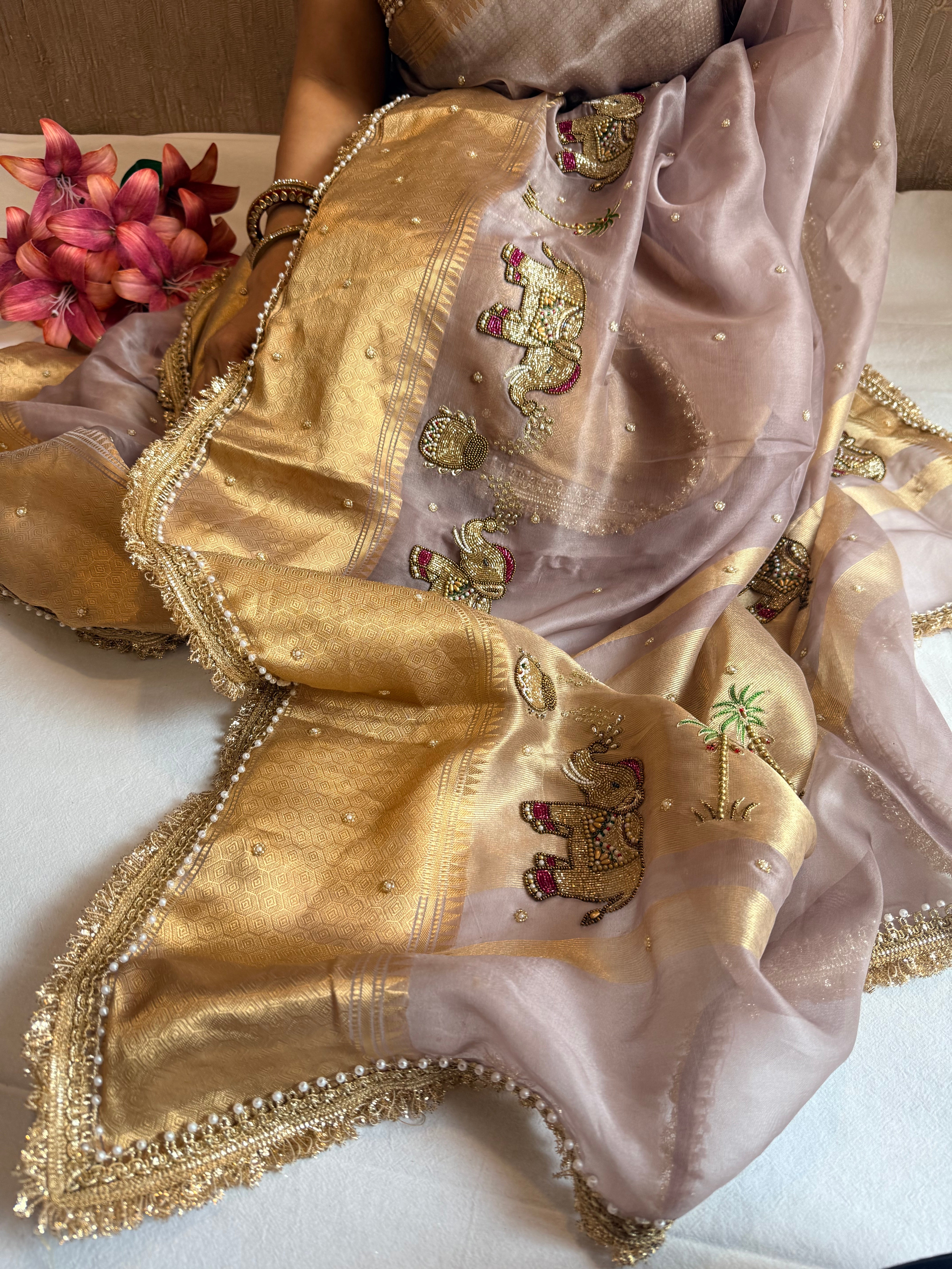 Tyohaar edit - Chap dye kora silk elephant motif hand embroidered saree