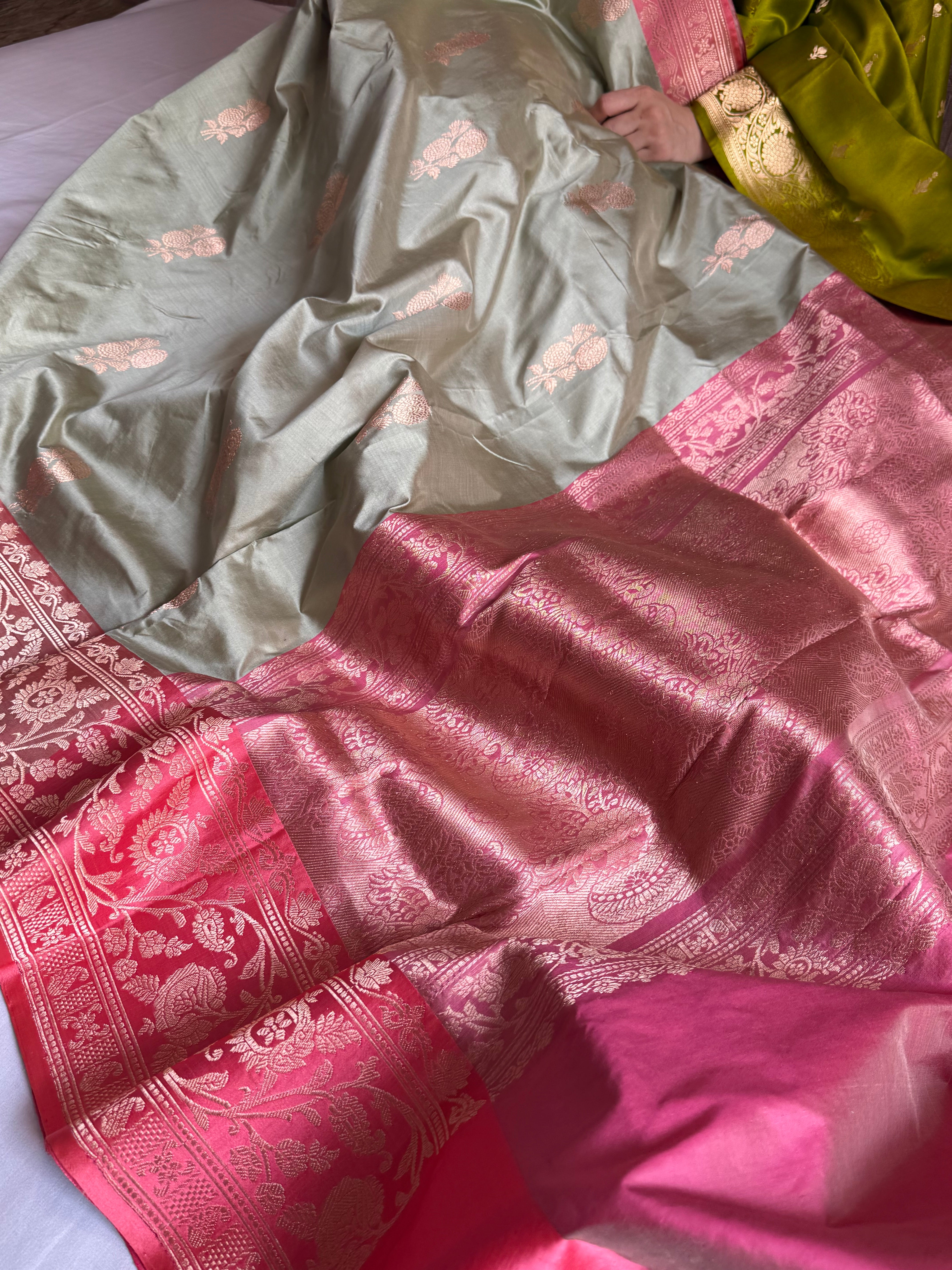 Mint green-peach contrast border katan kadhwa silk saree