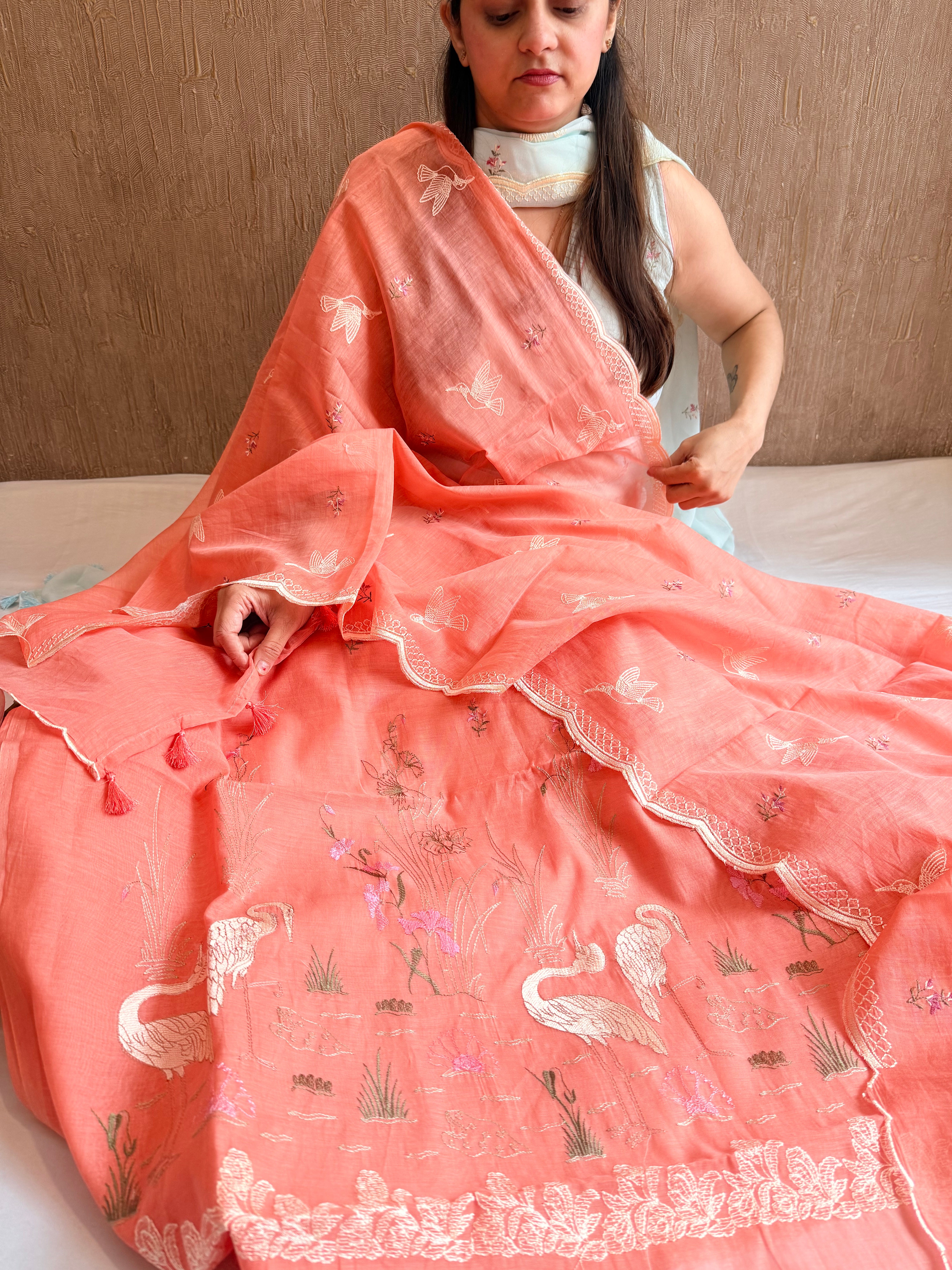 Bright peach mul cotton flamingo resham hand embroidered suit set