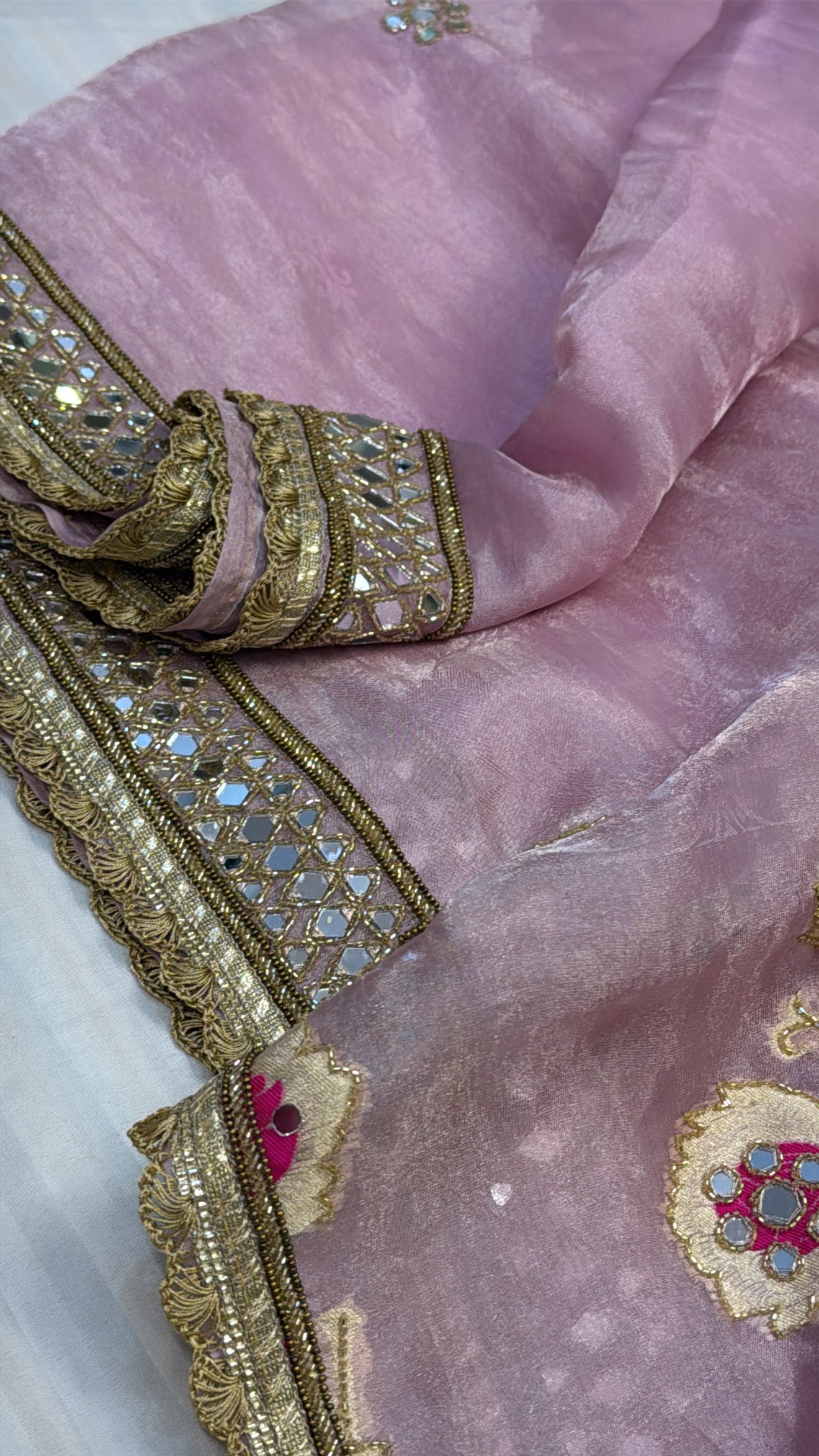 Blush pink mirror work meenakari banarasi tissue silk hand embroidered saree