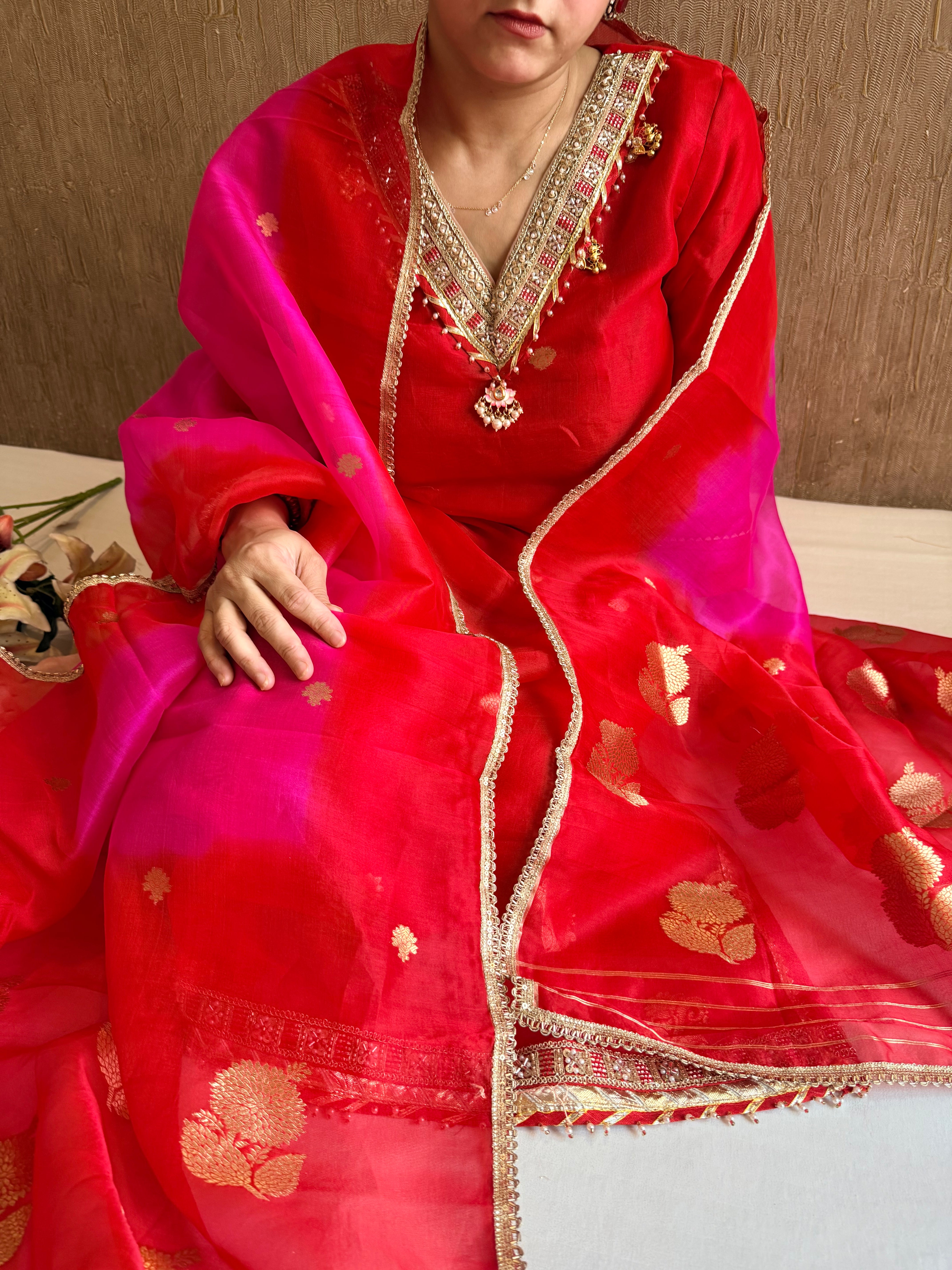 Punjabi kudi edit - Banarasi kora silk ghungroo and gotapatti suit sets ( STITCHED M-L SIZE )