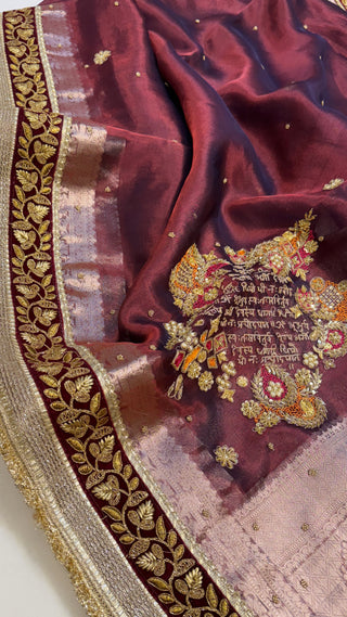 Phere wali saree - Metallic plum tissue silk “Gayatri mantra “ hand embroidered saree