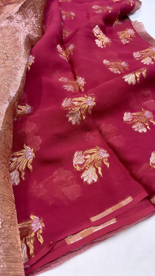 Pure banarasi garnet red crushed tissue silk handwoven kadhwa saree with intricate border and kadhwa blouse