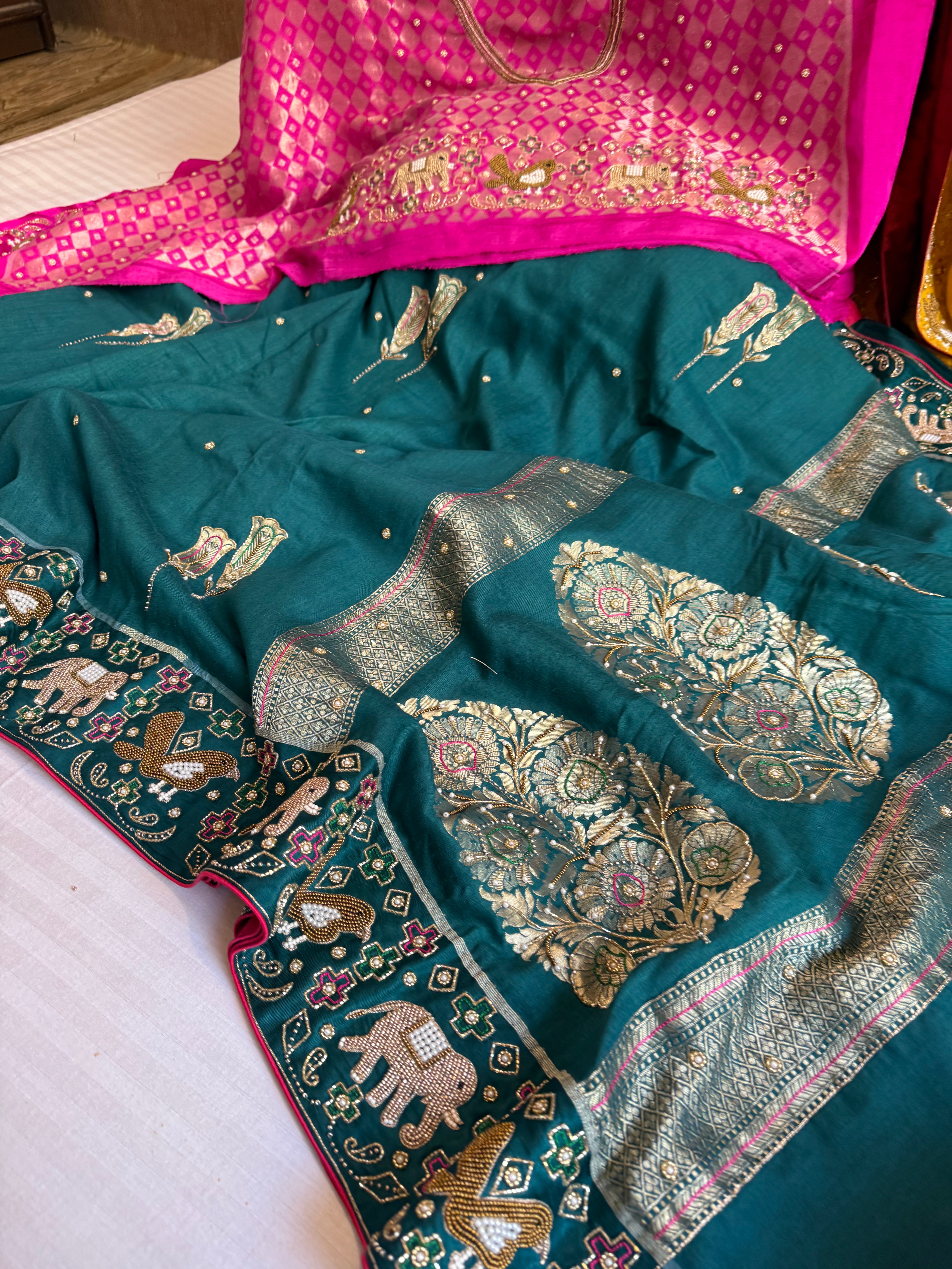 Moonga silk ikkat patola weaving inspired hand embroidered kadhwa saree