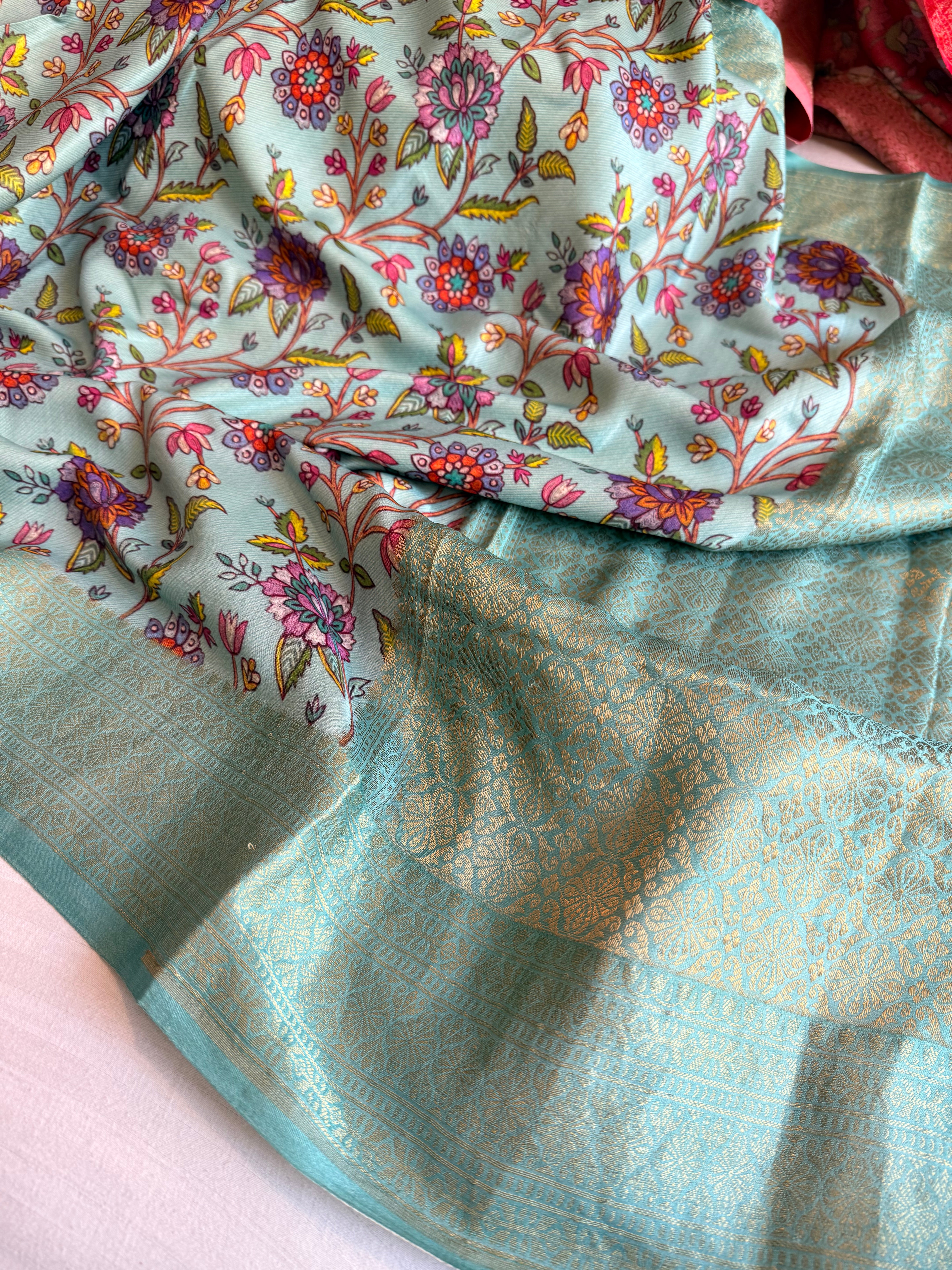 Banarasi mashru satin silk kani weaving printed sea green saree