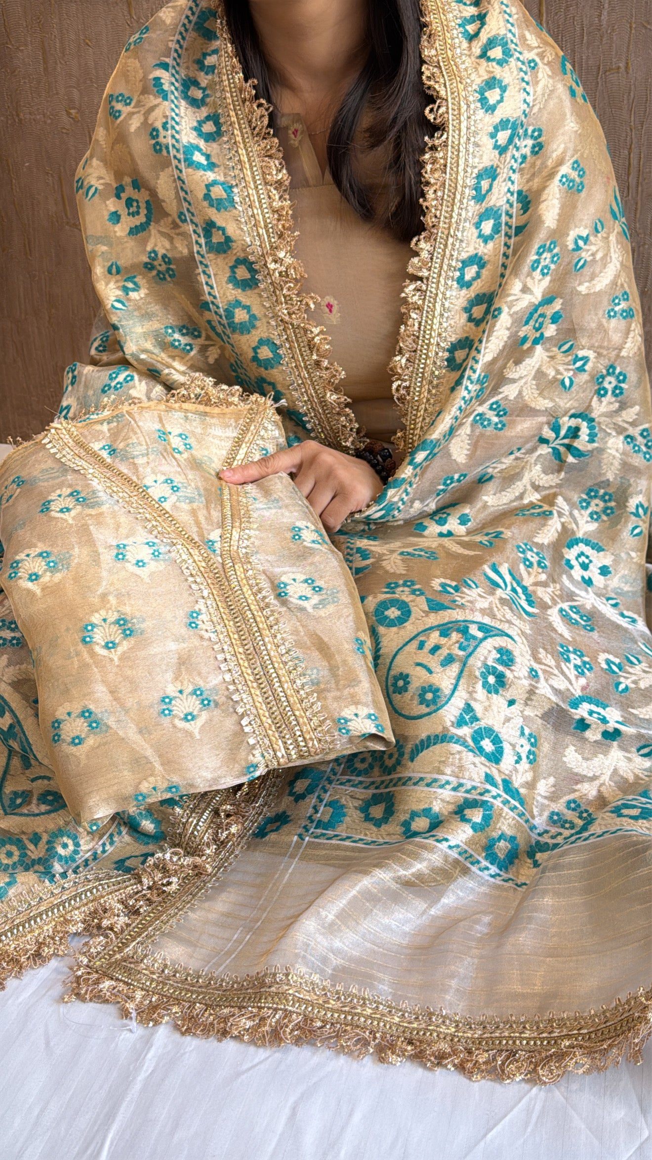 Vivah edit - Golden tissue silk jamdani weaving meenakari hand embroidered suit sets