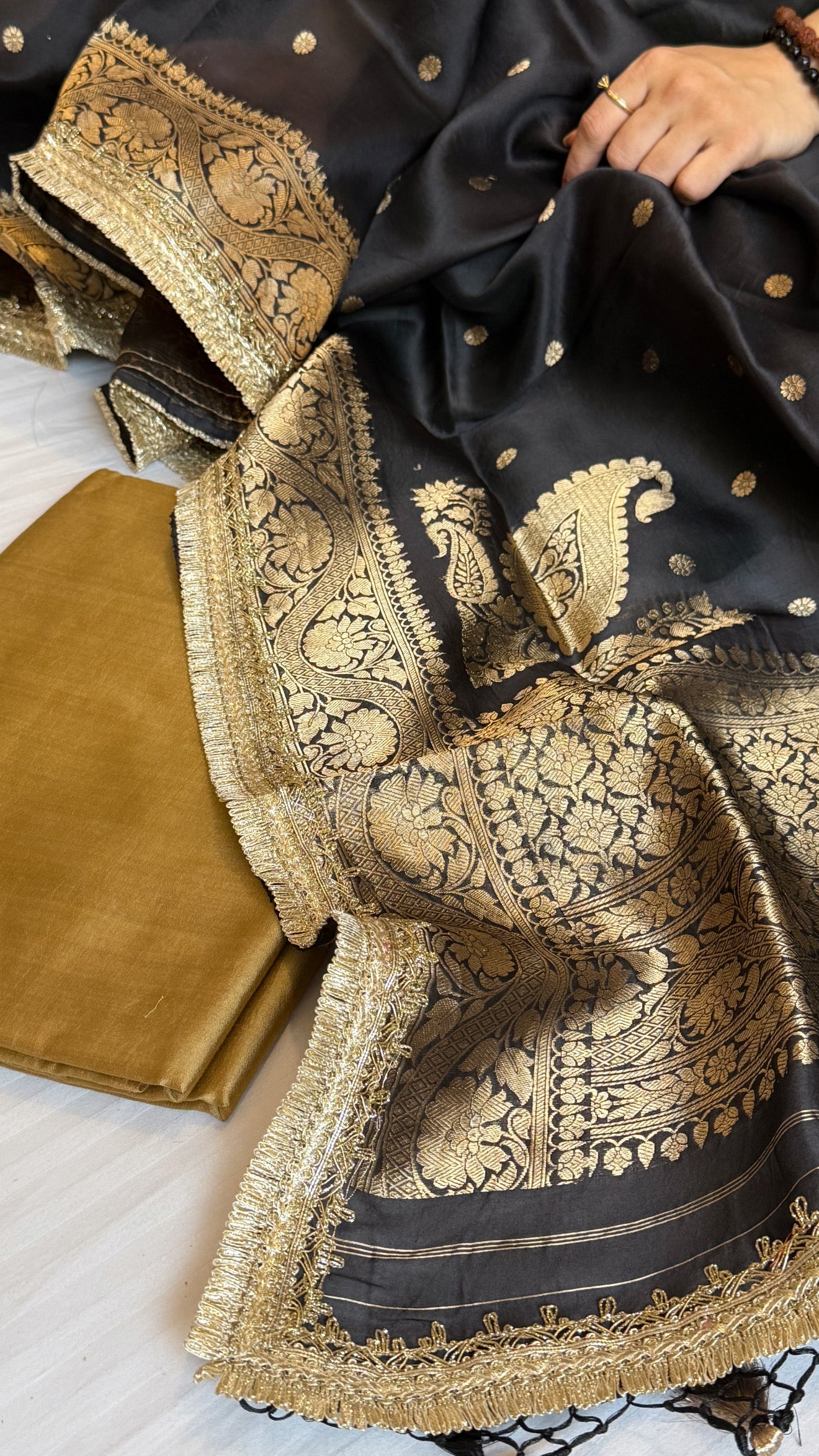 Banarasi olive-gold black combination kohniya buti silk suit sets