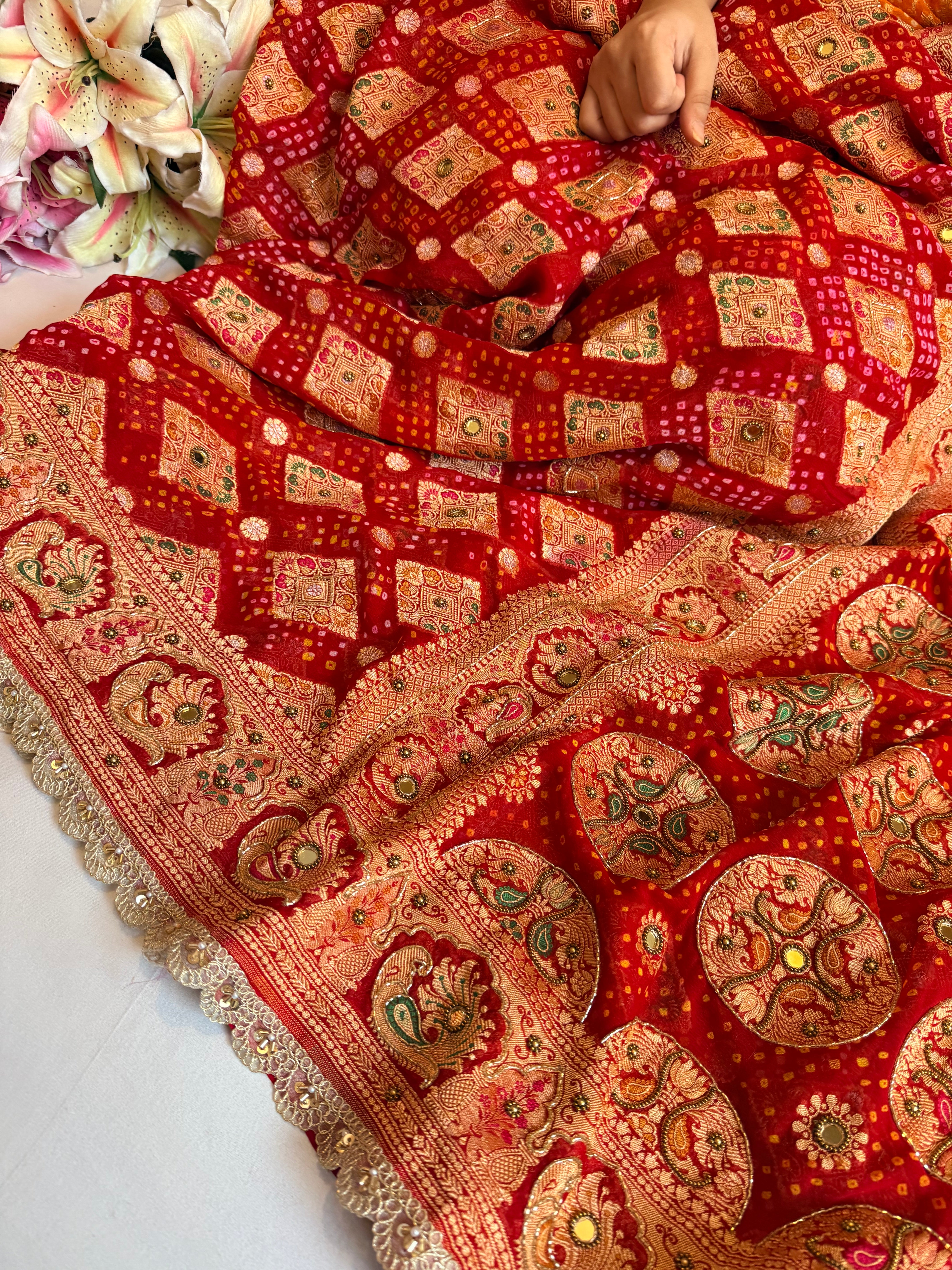 Bandhej saree ka sandook - Deep red shaded chiffon gorgette banarasi bandhej saree