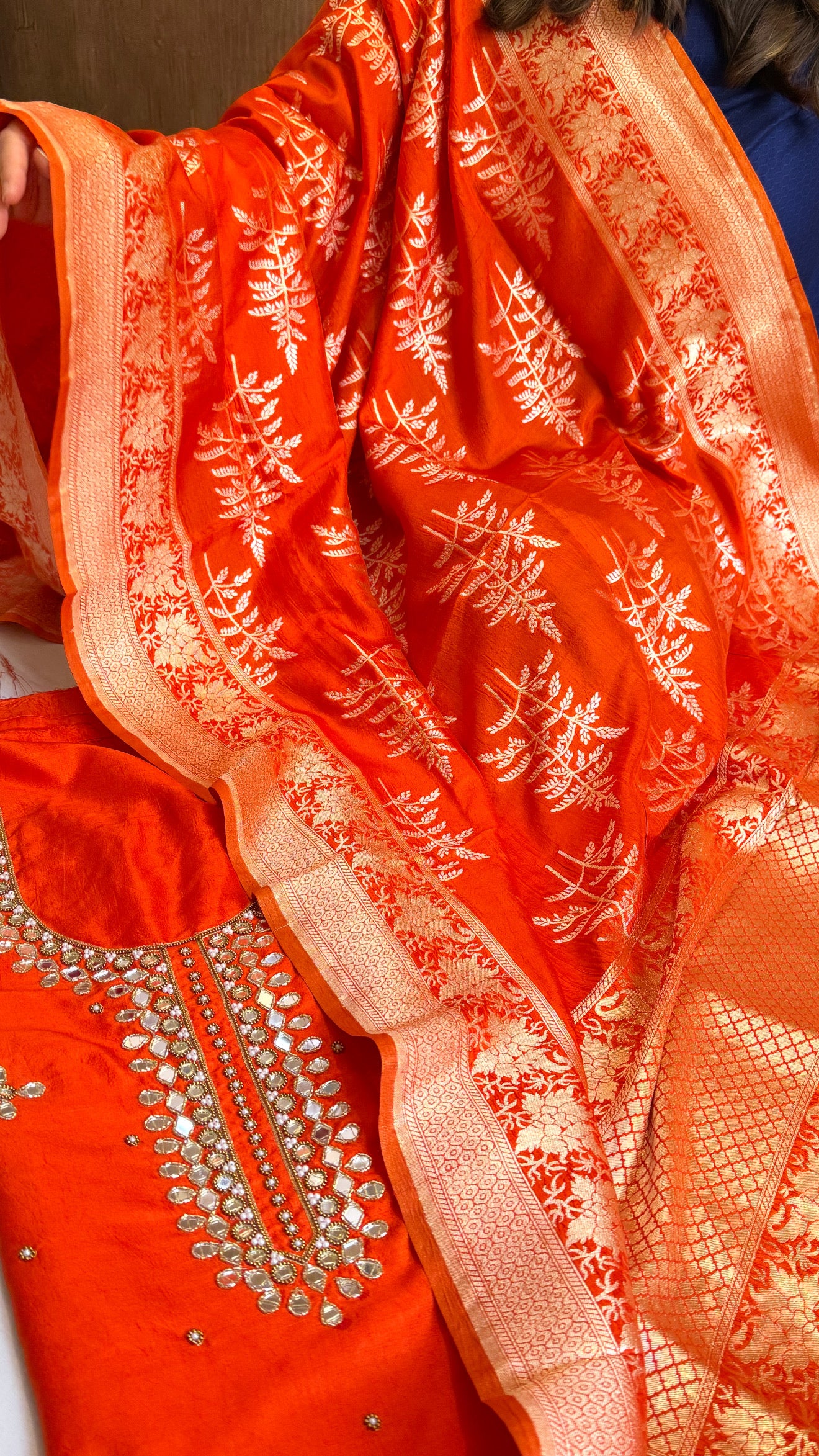 Sheesham fanta orange mirror work hand embroidered katan silk suit set