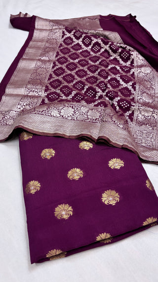 Dark plum banarasi gorgette kadhwa suit set