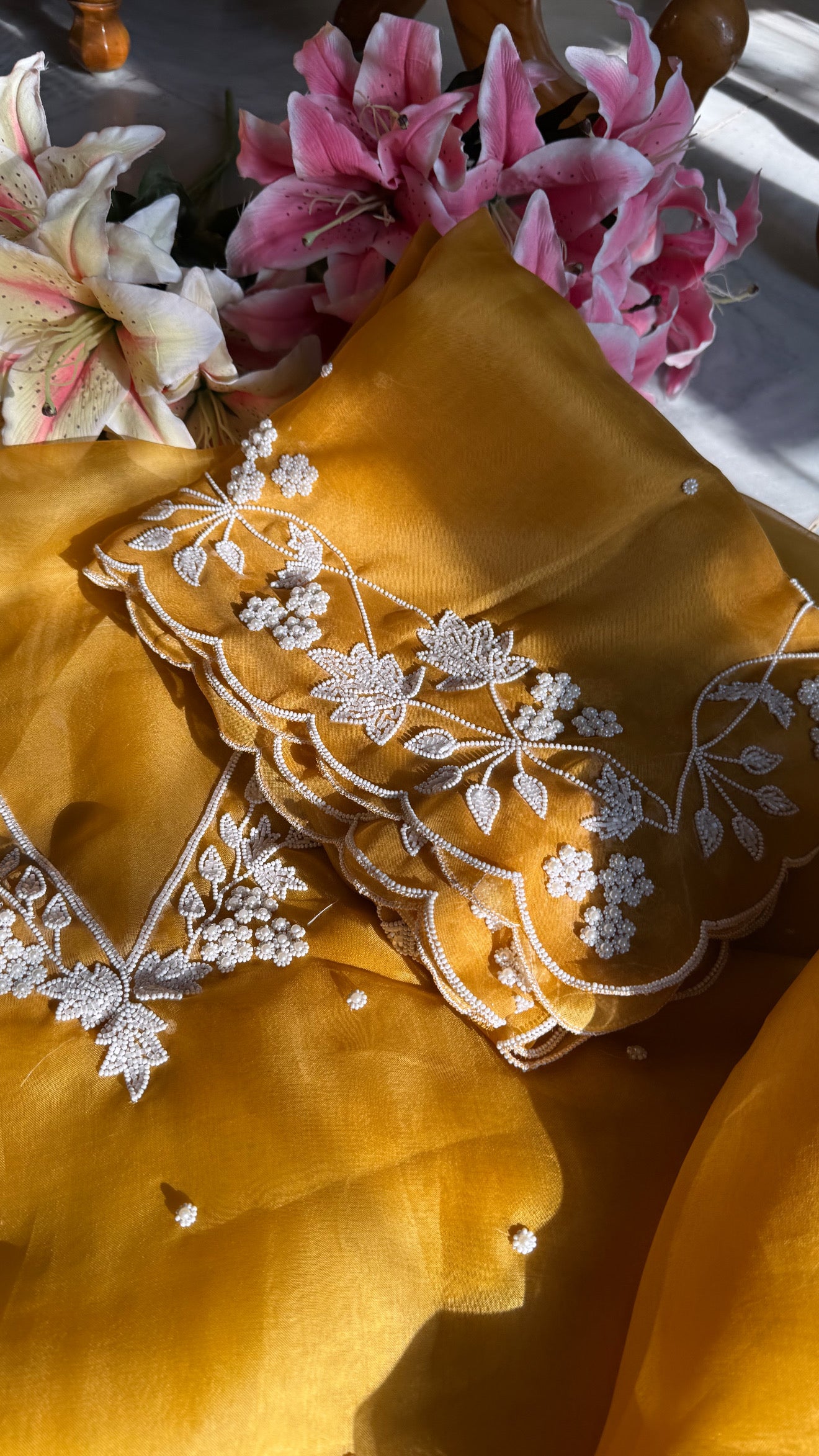 Mustard pearl work heavy hand embroidered kora silk suit set