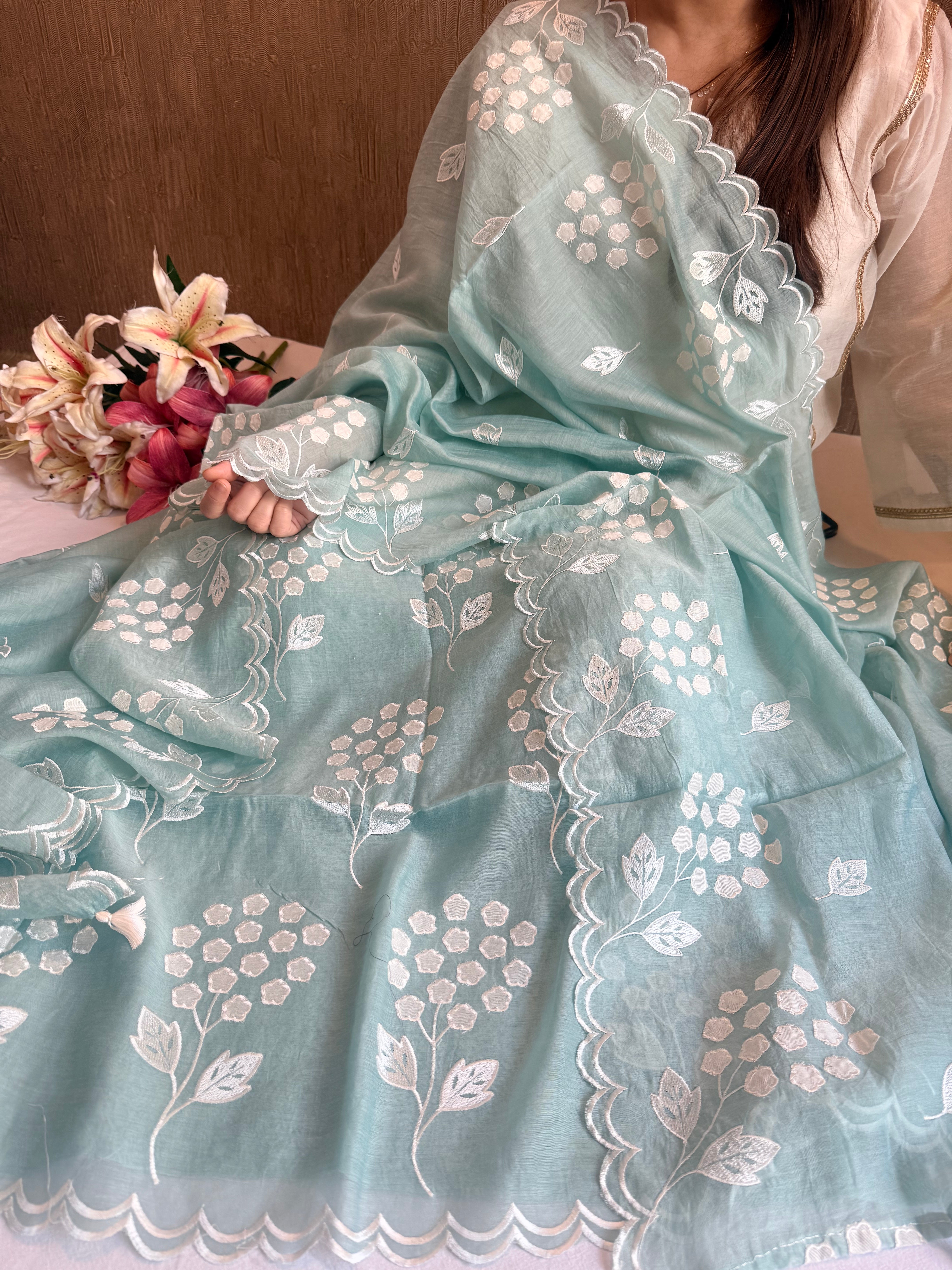 Alia bhatt inspired banarasi mulmul appliqué work suit set