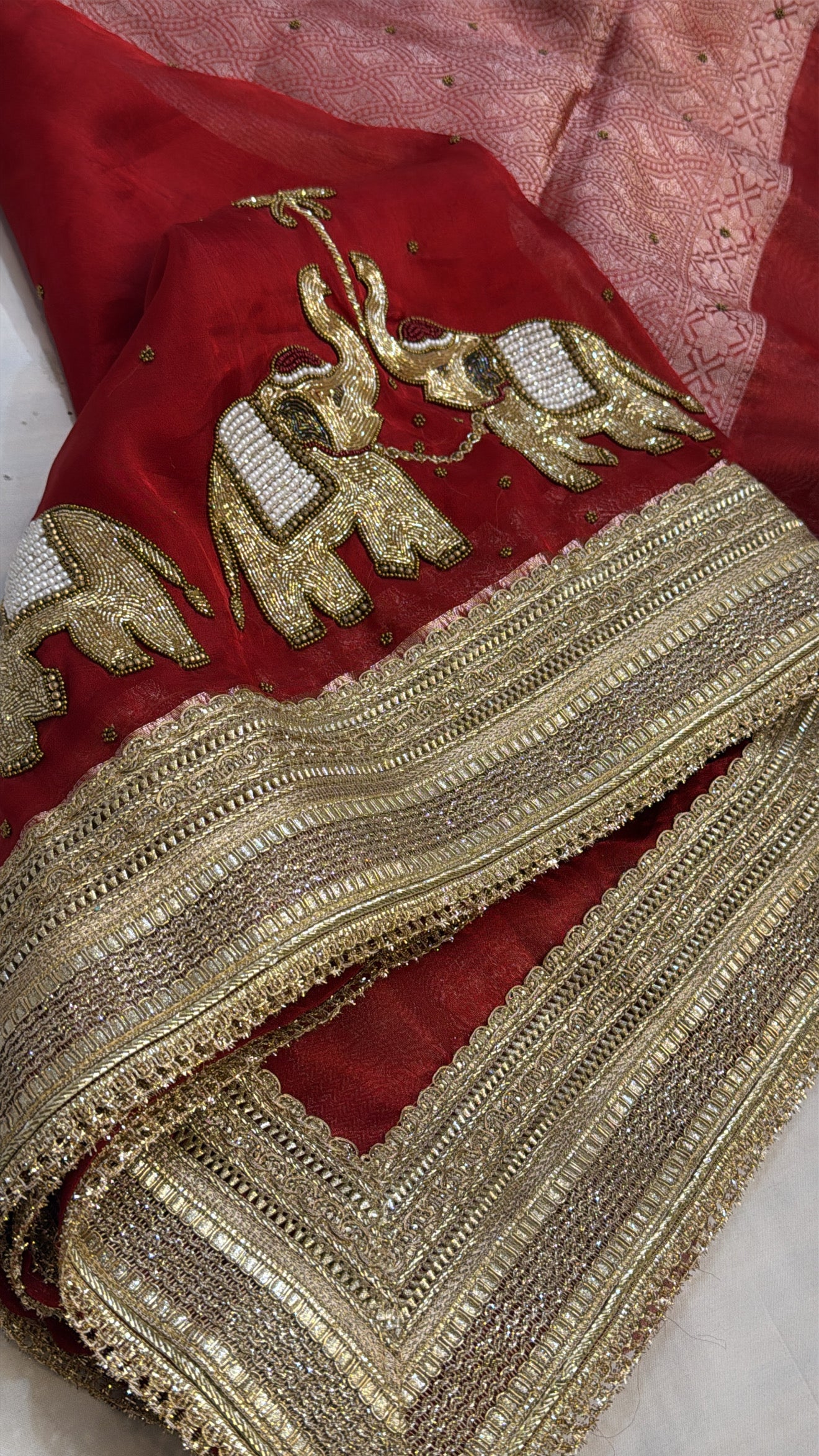 Varmala wali sarees - Midnight blood red tissue silk elephant motif heavy hand embroidered saree