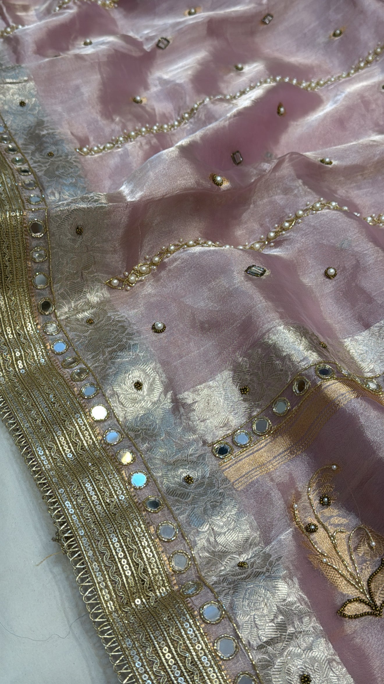 Blush pink husn tissue silk hand embroidered kadhwa saree