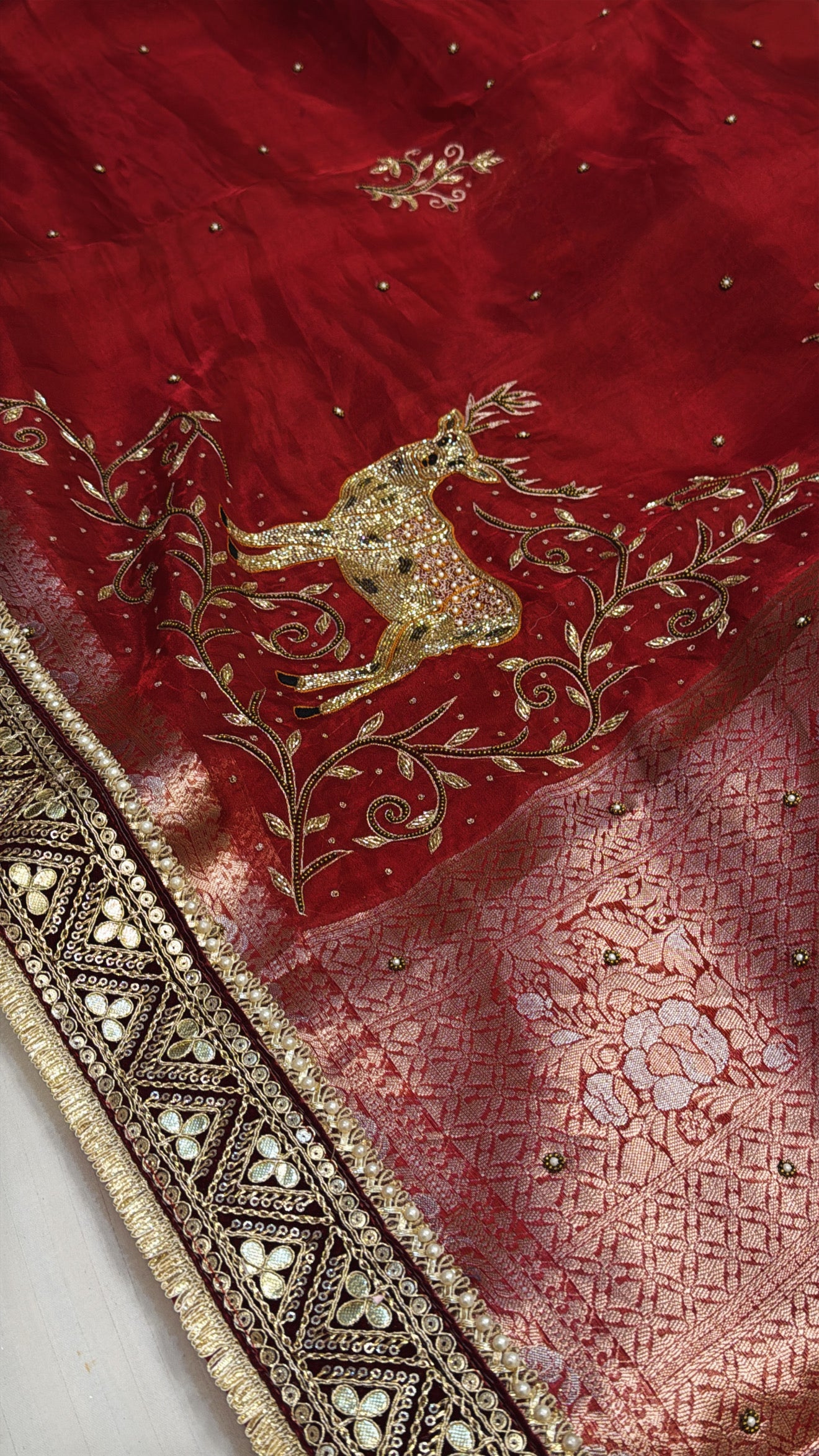 Red special - Husn chilly red deer motif tissue silk hand embroidered kadhwa saree