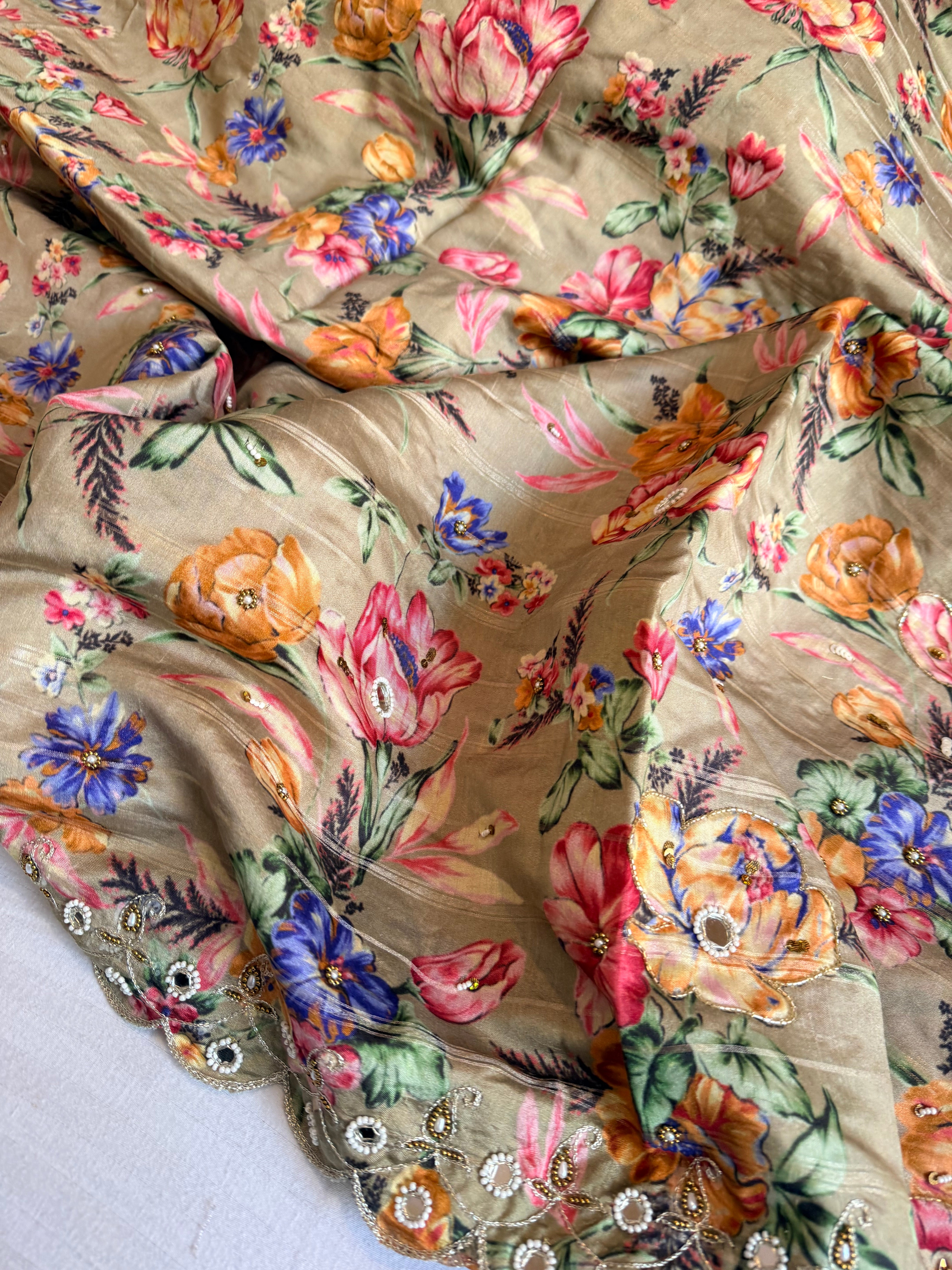 Printed moonga silk hand embroidered kadhwa gotapatti saree