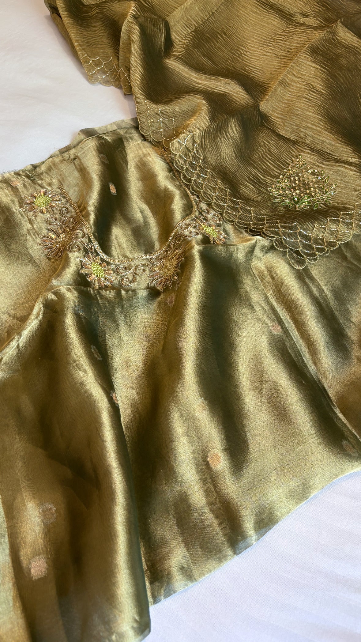 1970s era mint green tissue silk hand embroidered suit sets