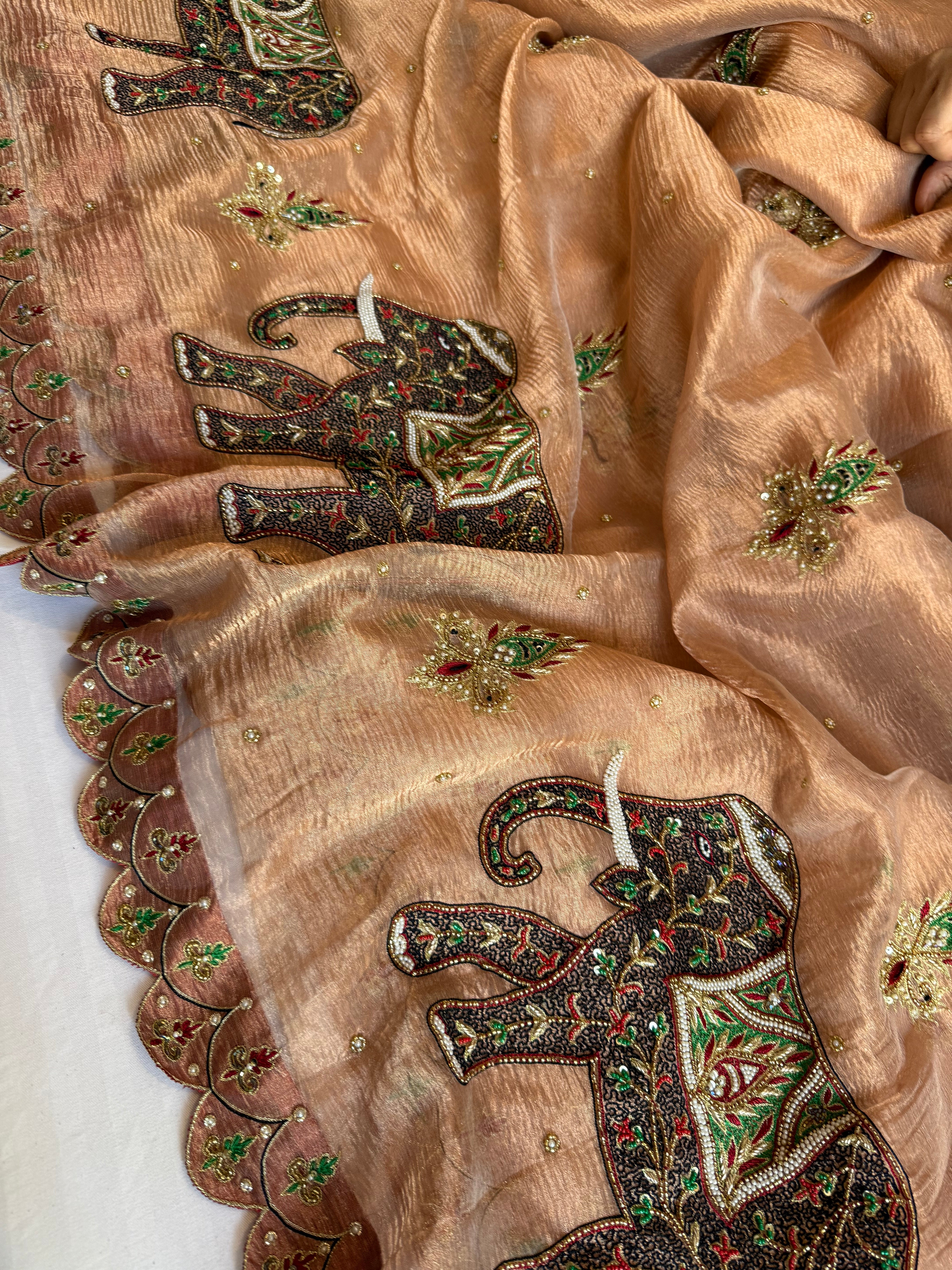 GajGamini copper crushed tissue silk elephant motif heavy hand embroidered saree