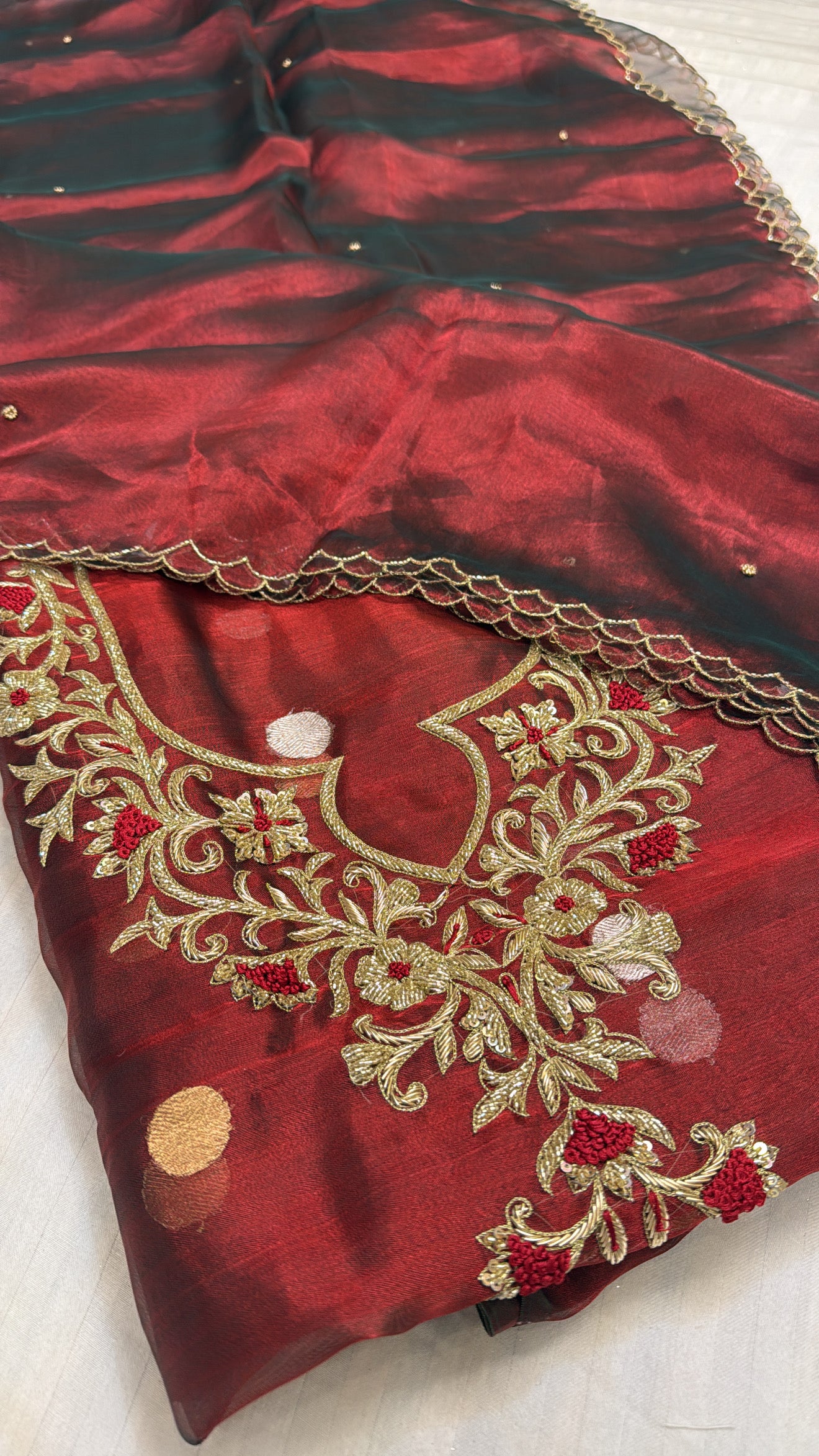 Shagun ke suits - Blood red tissue silk heavy hand embroidered suit sets