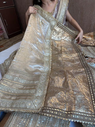 Lehenga style saree edit - Champagne gold diamond tissue silk tilli work gotapatti skirt border saree
