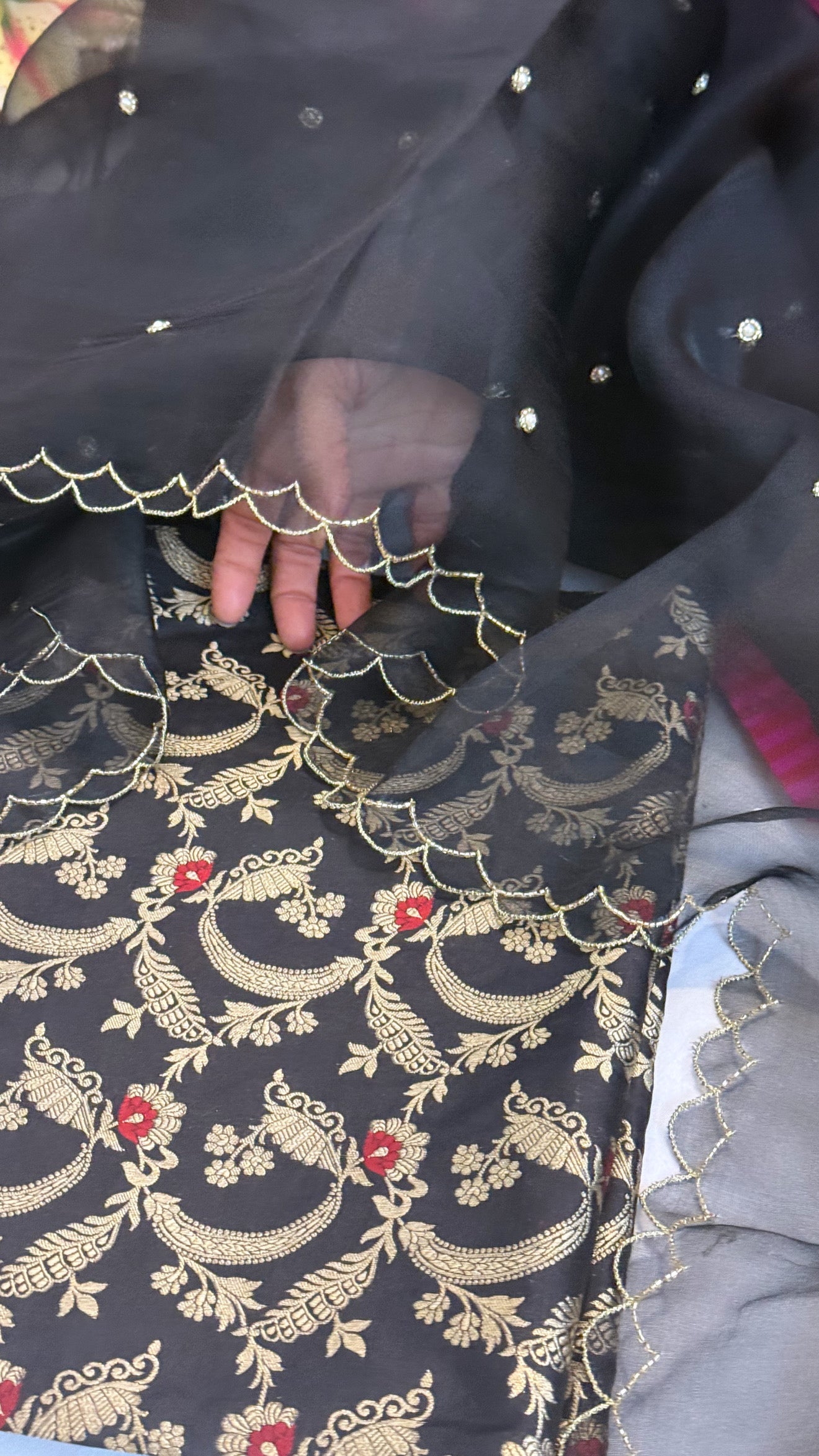 Black katan silk jungla meenakari kurta paired with scalloped kora silk duppata set