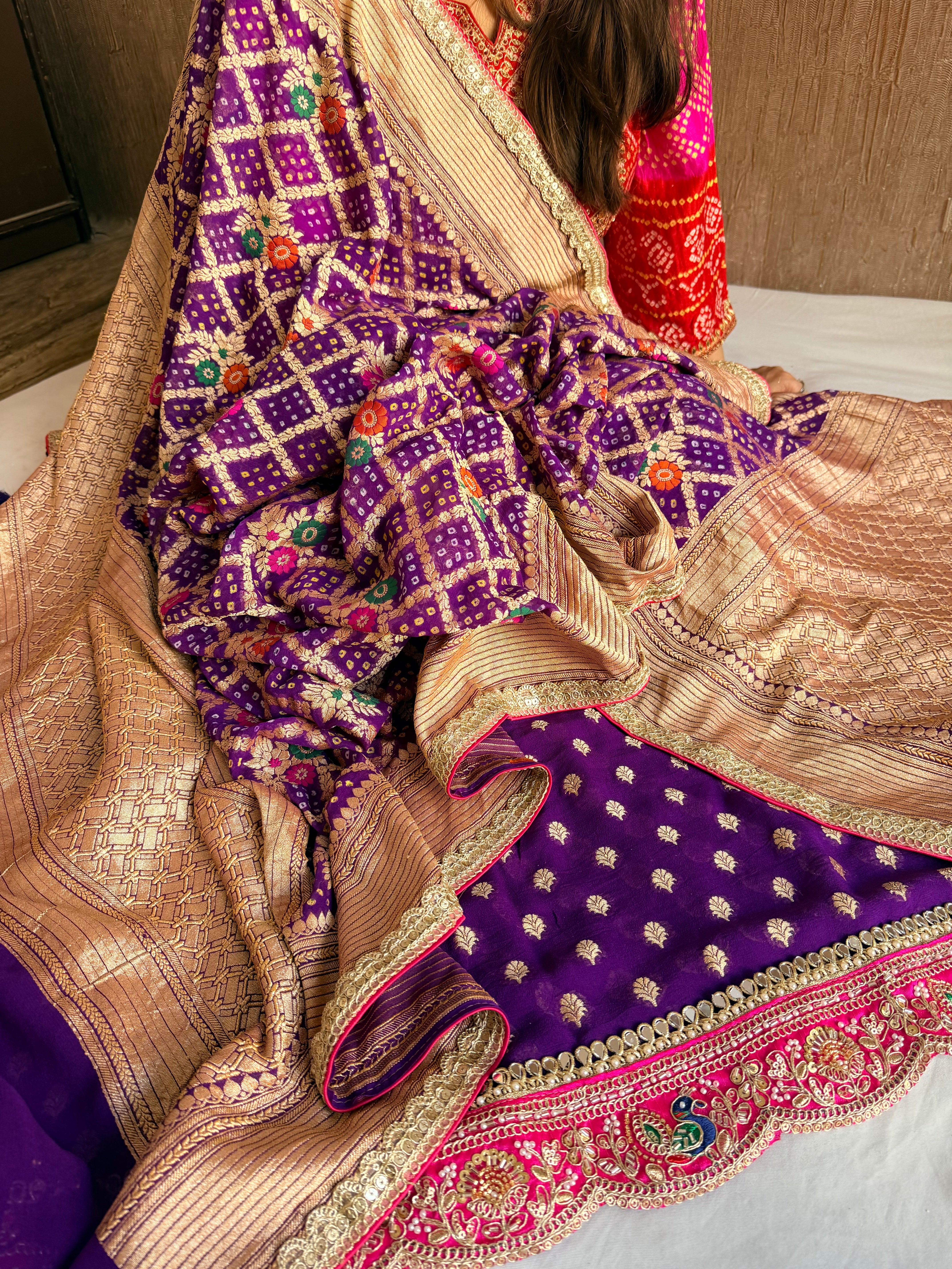 Rai bandhej bridal purple banarasi chiffon gorgette gotapatti suits