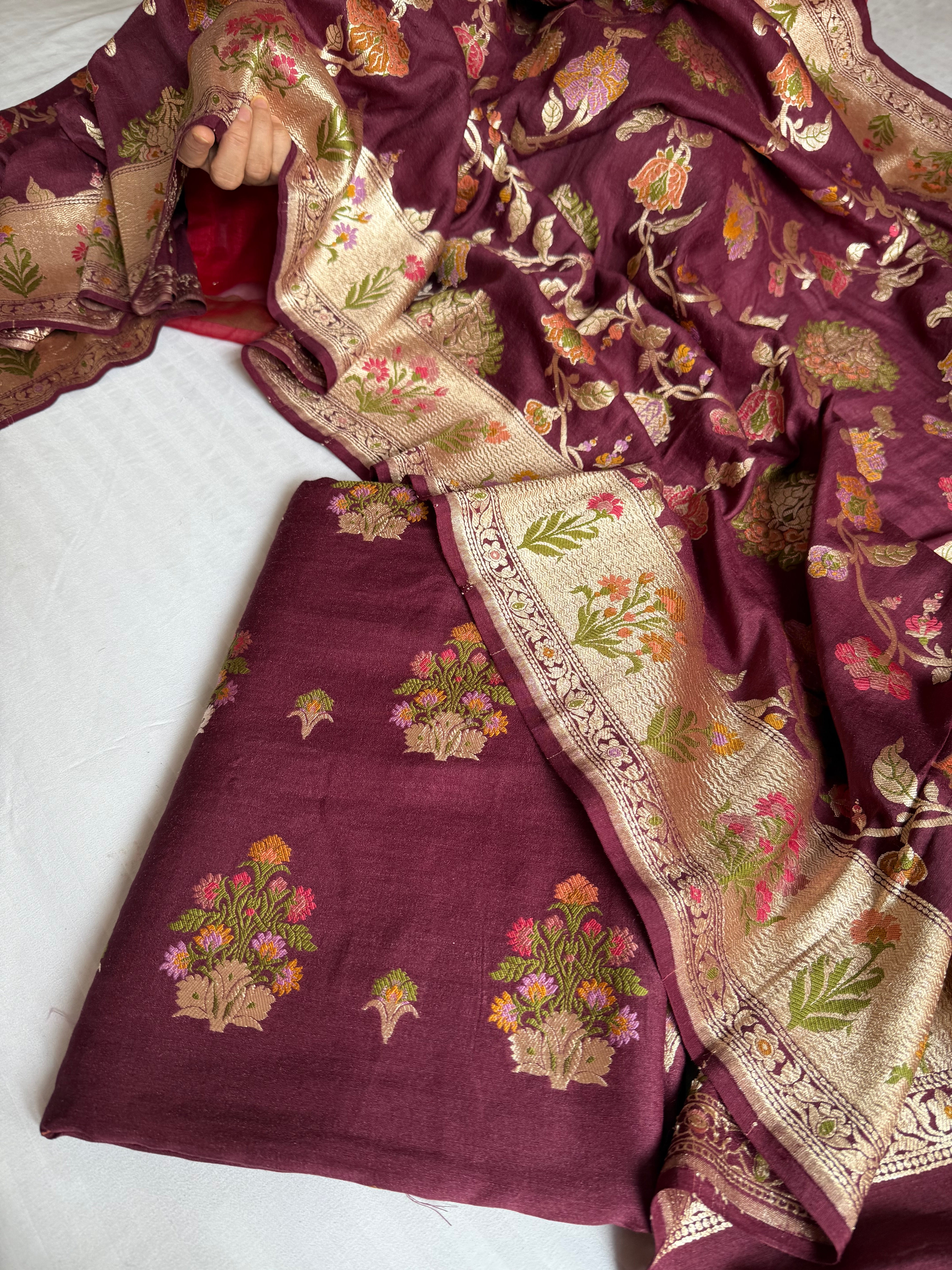 Bergundy moonga silk kadhwa meenakari jungla suit set