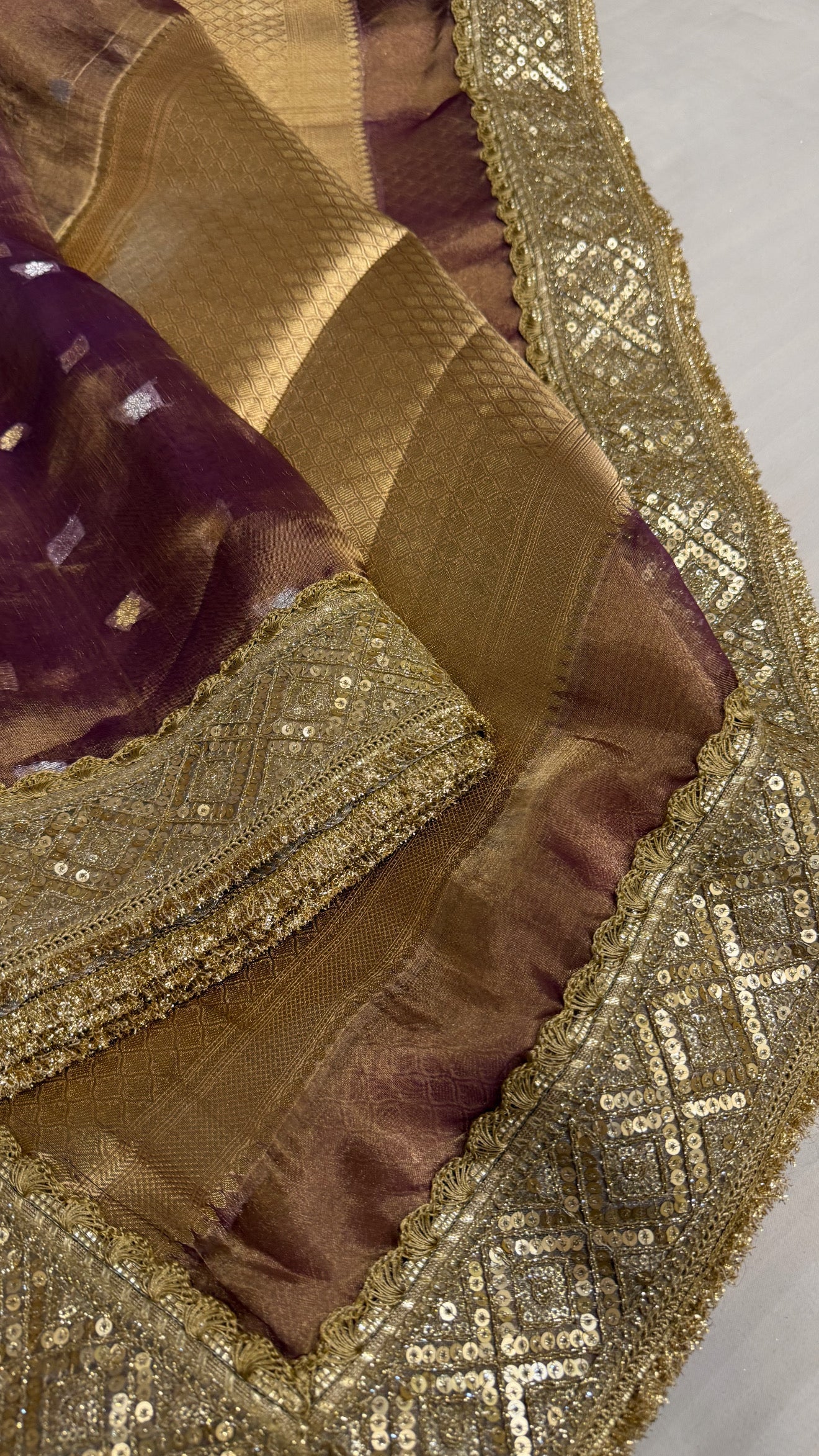 Maharani deep grapewine purple tissue silk kadhwa buti saree